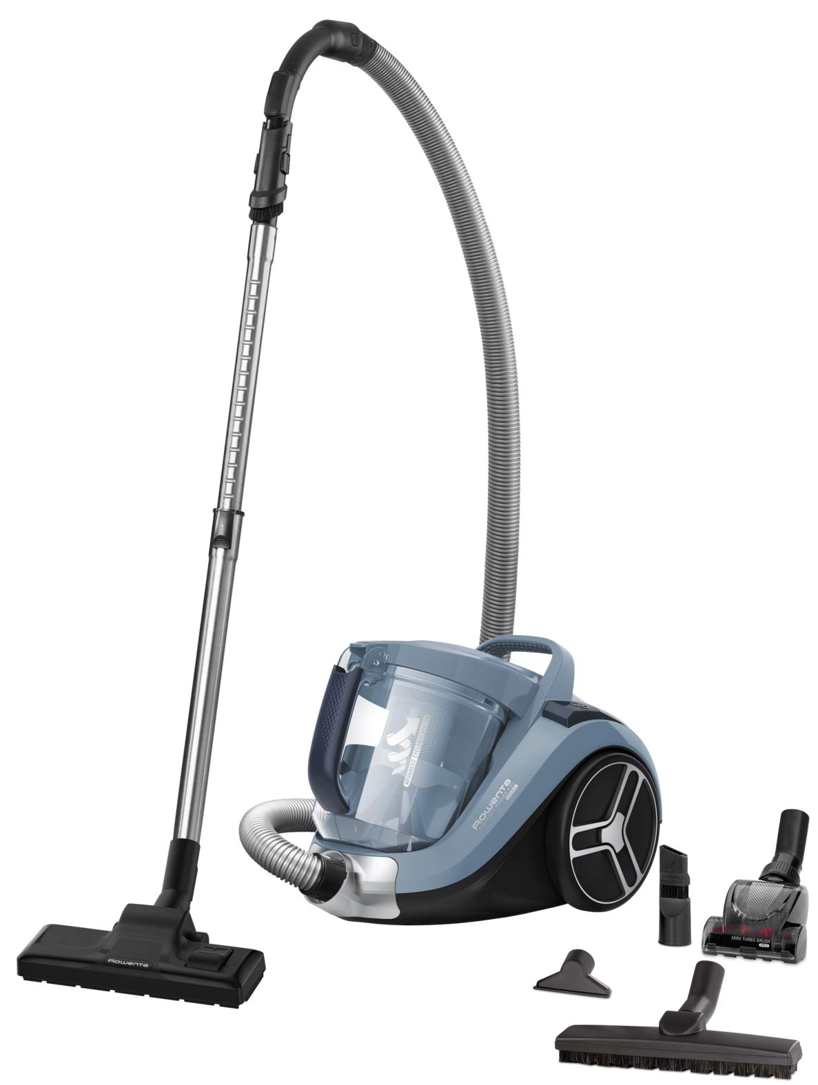 جارو برقی بدون کیسه Rowenta RO4871 Compact Power XXL | 550 وات | حجم گرد و غبار 2.5 لیتر | جمع و جور و بی صدا | قدرت مکش فوق العاده | مناسب برای کراوات مو | نازل کف بسیار کارآمد | جعبه گرد و غبار 2.5 لیتری آبی/نقره ای - موی حیوانات - S بسیار بالا.