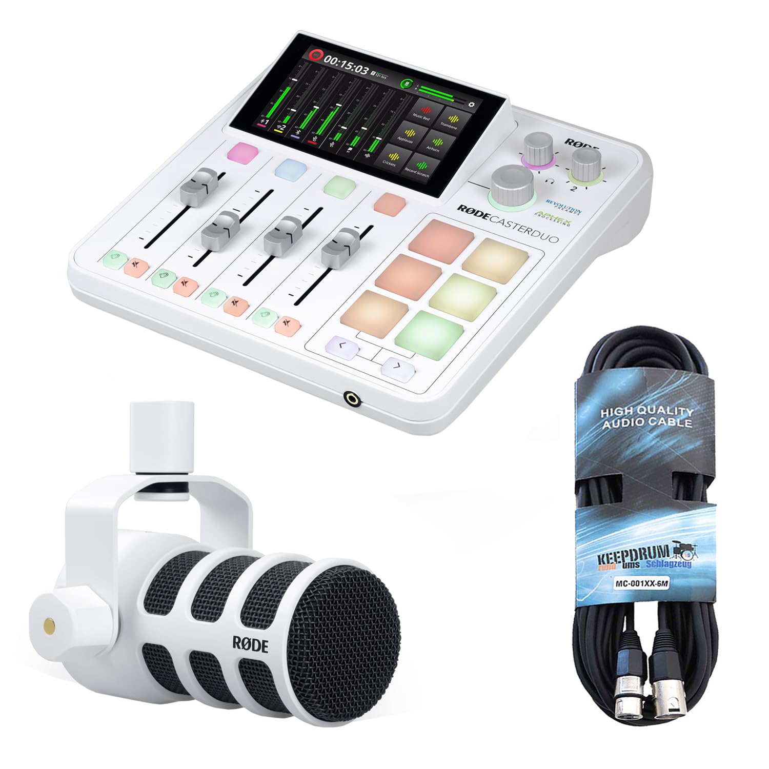 خرید از آمازون - استودیوی تولید صوتی Rode Rodecaster Duo برای پادکست، استریم، ایجاد محتوا سفید + میکروفون پادمیک سفید + کابل Kedrum XLR