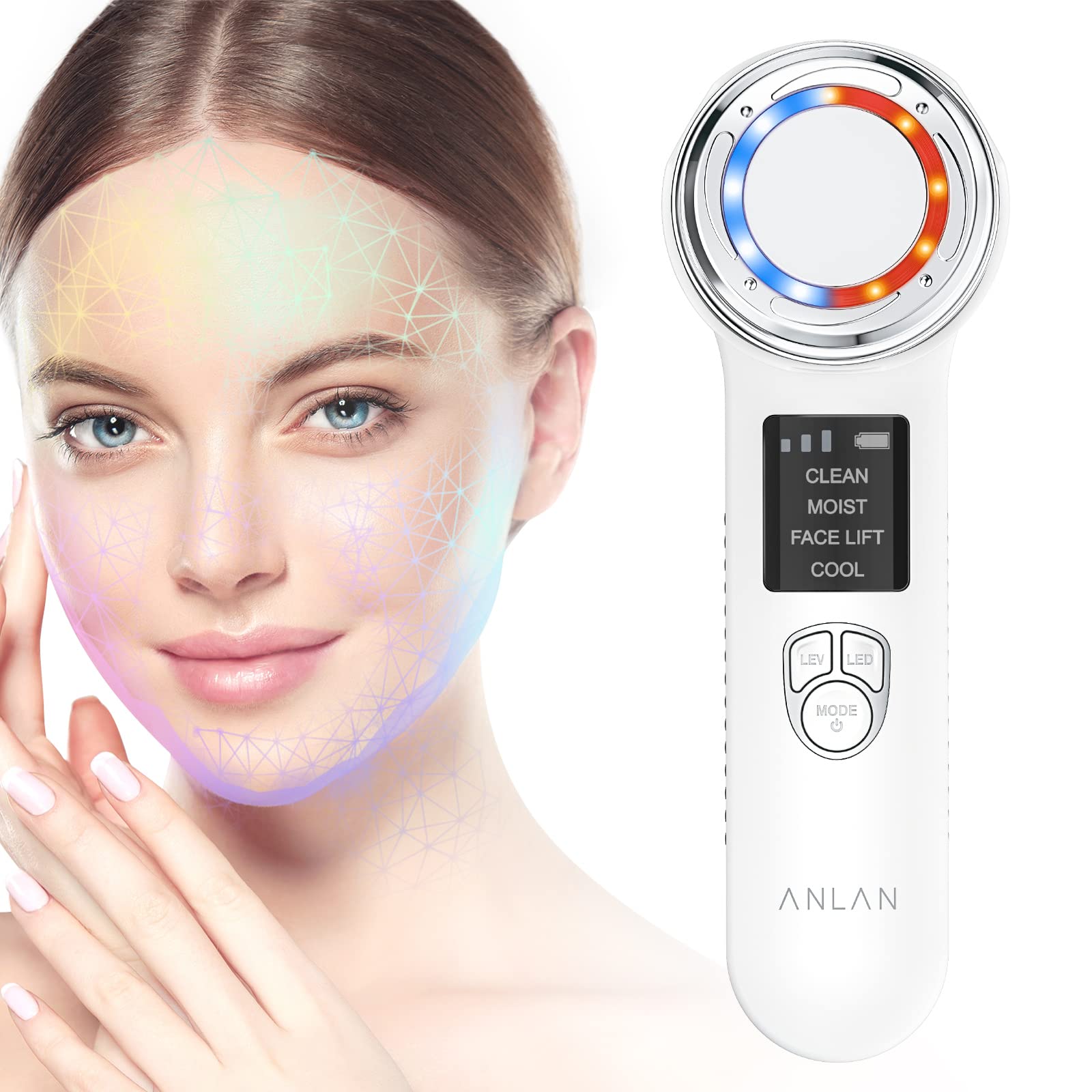 خرید از آمازون - ماساژور صورت ANLAN ماساژور صورت 6 در 1 دستگاه EMS صورت دستگاه Aqua Facial Device رفع چین و چروک با ION و لیفتینگ صورت برای پاک کننده دوچانه Face Care پاکسازی صورت V Face Shaper Mode-1