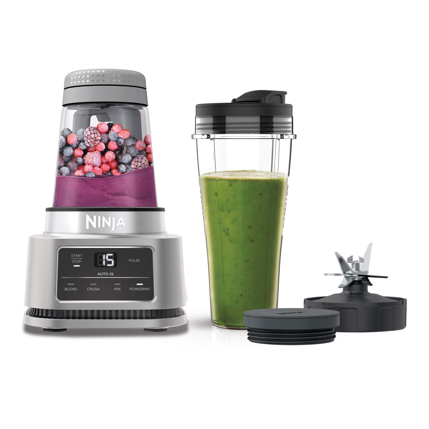 خرید از آمازون - مخلوط کن Nutri 2-in-1 Ninja Foodi با فنجان (700 میلی لیتر) و کاسه (400 میلی لیتر)، 1100 وات، موتور گشتاور هوشمند و فناوری Auto-iQ [CB100EU]، نقره ای