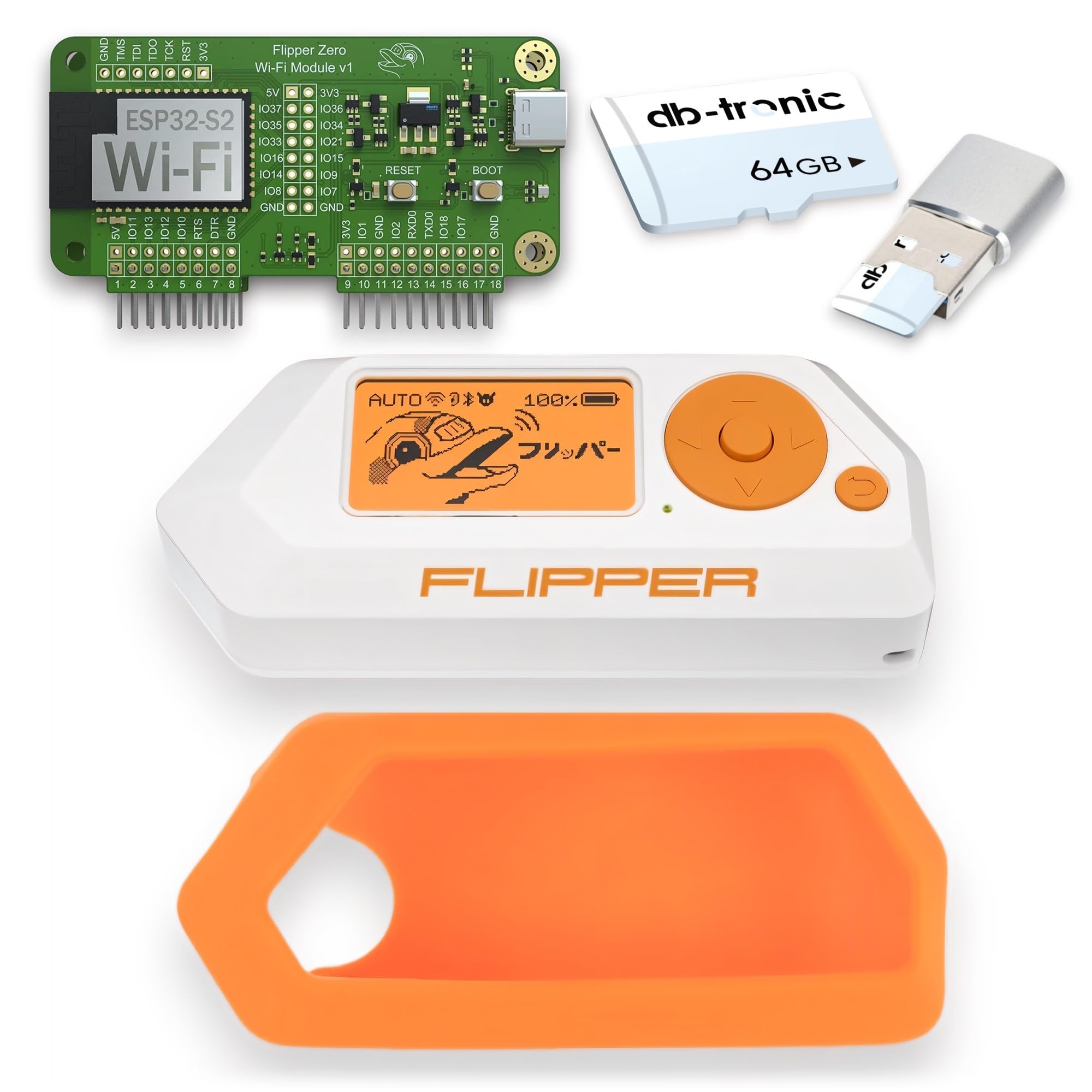 مجموعه کامل Flipper Zero Starter | Flipper Zero | برد وای فای | قاب سیلیکونی | کارت حافظه ۶۴ گیگابایتی | کارت خوان USB