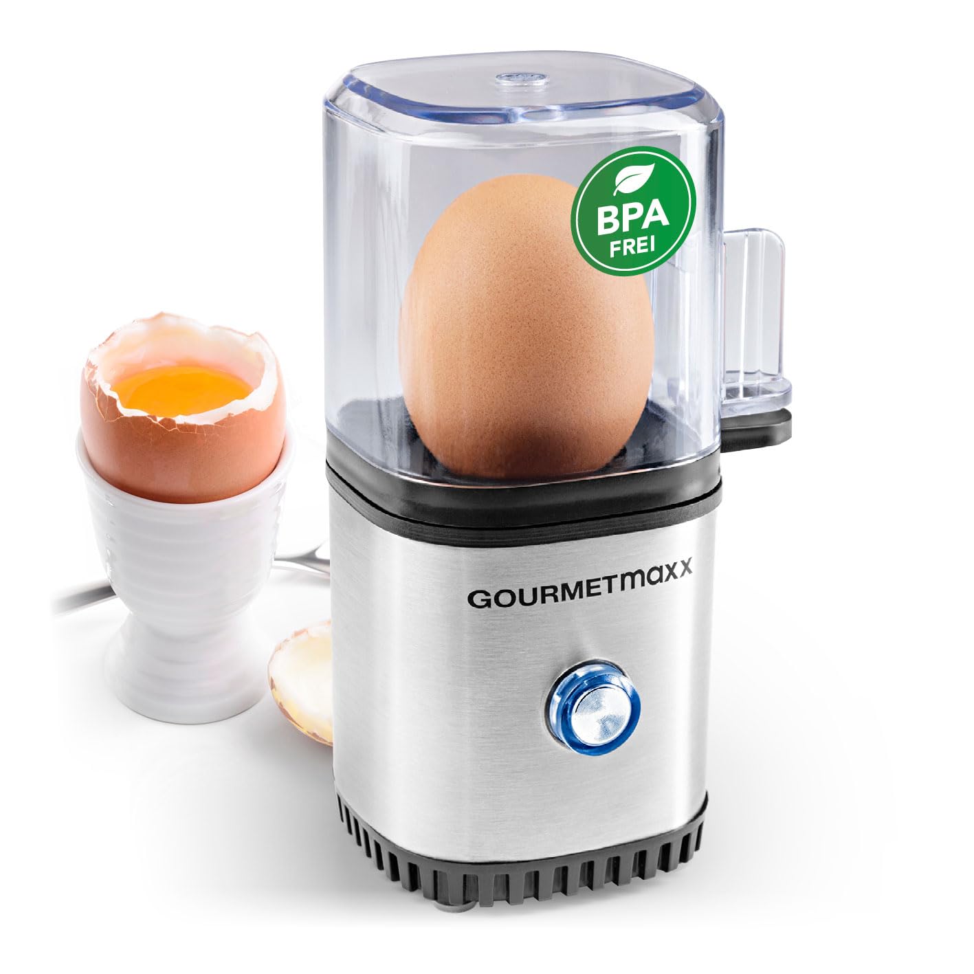 تخم‌ مرغ‌ پز گورمت‌ مکس آلمان GOURMETmaxx برای ۱ عدد تخم‌مرغ | تخم‌مرغ‌پز جمع‌وجور | تخم‌مرغ‌پز با سوراخ‌کن تخم‌مرغ، پیمانه و سیگنال صوتی | ۳ سطح سختی | تمیز کردن آسان و قطعات قابل شستشو در ماشین ظرفشویی | ۱ عدد تخم‌مرغ | استیل ضد زنگ