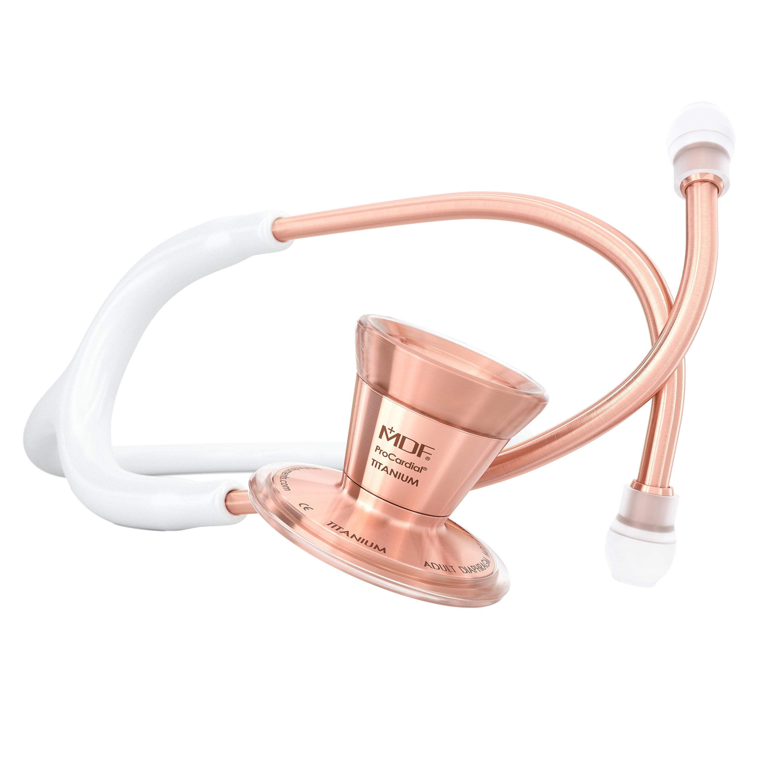 خرید از آمازون - گوشی MDF Rose Gold ProCardial Cardiology، تیتانیوم سبک، بزرگسال، دو سر، قطعات رایگان برای زندگی، لوله سفید، هدست رزگلد Chestpiece، MDF797TRG29 سفید - رزگلد