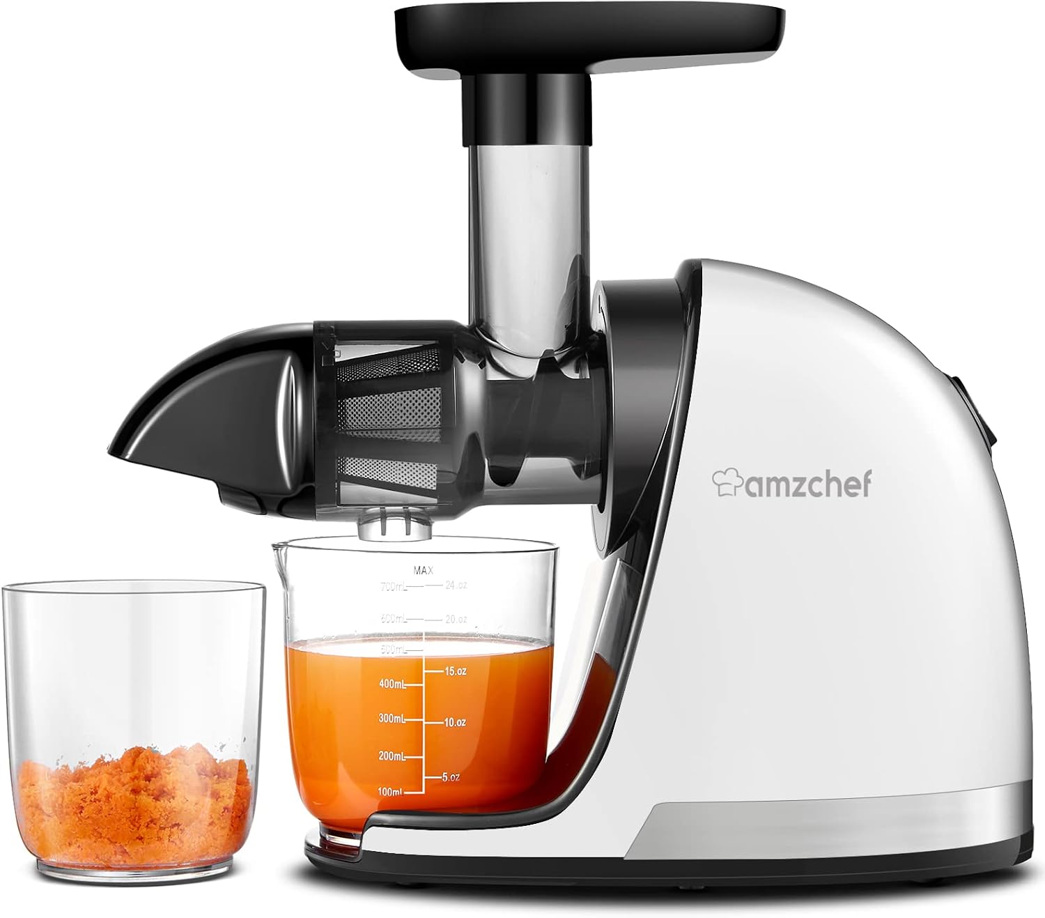 آبمیوه گیری AMZCHEF - آبمیوه گیری کند با عملکرد جویدن معکوس - خرد کردن ظریف بدون فیلتر - آبمیوه گیری برقی با برس و 2 فنجان - سفید خالص