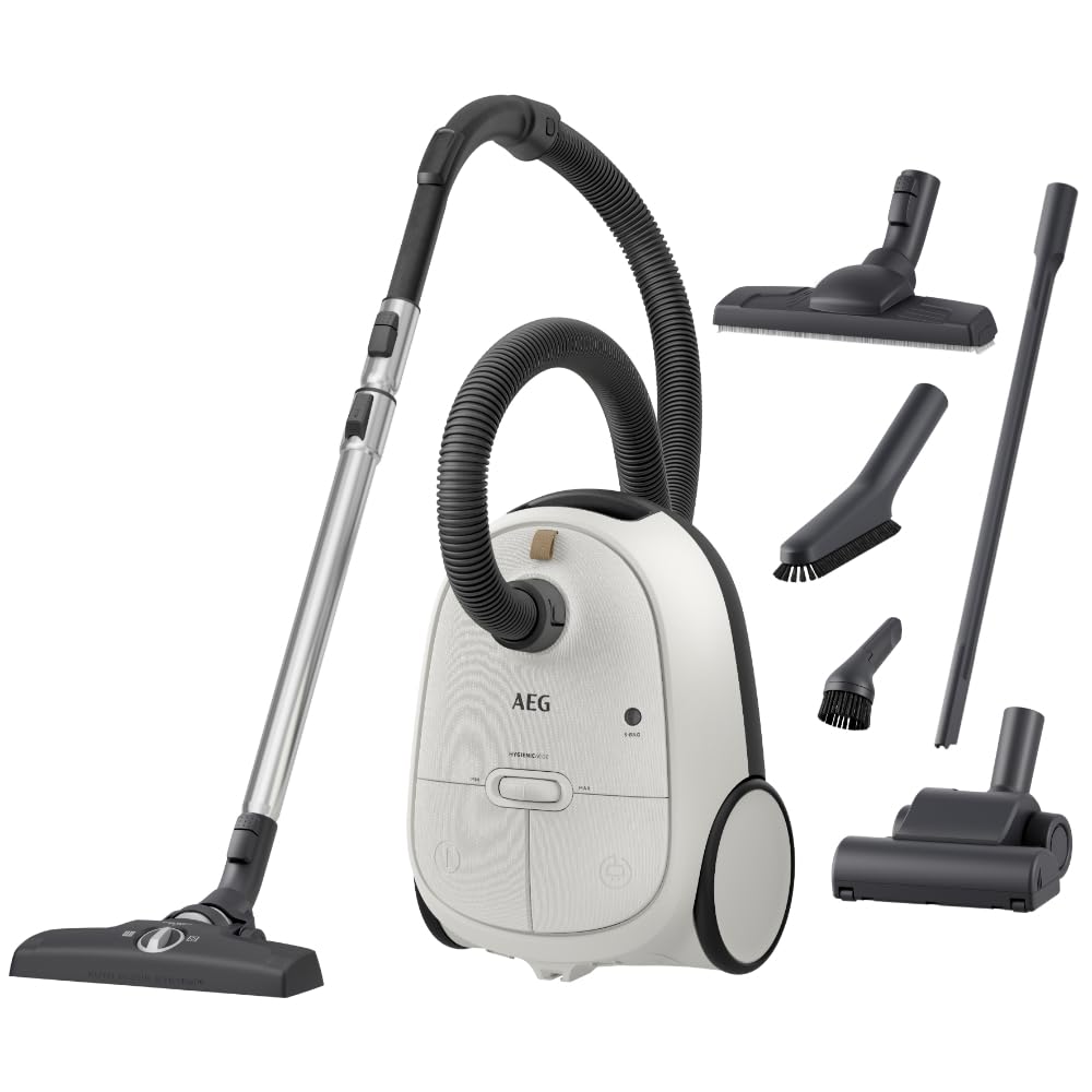 جاروبرقی کیسه‌دار AEG AB61H6SW / قدرت مکش بالا در تمام طبقات / شامل نازل‌های اضافی / 50٪ پلاستیک بازیافتی / ایده‌آل برای افراد مبتلا به آسم، آلرژی و صاحبان حیوانات خانگی / کابل 12 متر / 850 وات / سفید