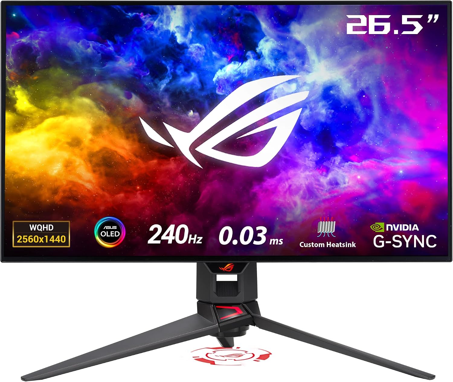 مانیتور بازی گیمینگ اسوس ASUS ROG Swift OLED PG27AQDM — پنل OLED 27 اینچی (قابل مشاهده 26.5 اینچ) QHD (2560 x 1440)، 240 هرتز، زمان پاسخ 0.03 میلی ثانیه، سازگار با G-SYNC، رنگ 99 درصد DCI-P true103 27 اینچ QHD OLED 240 هرتز