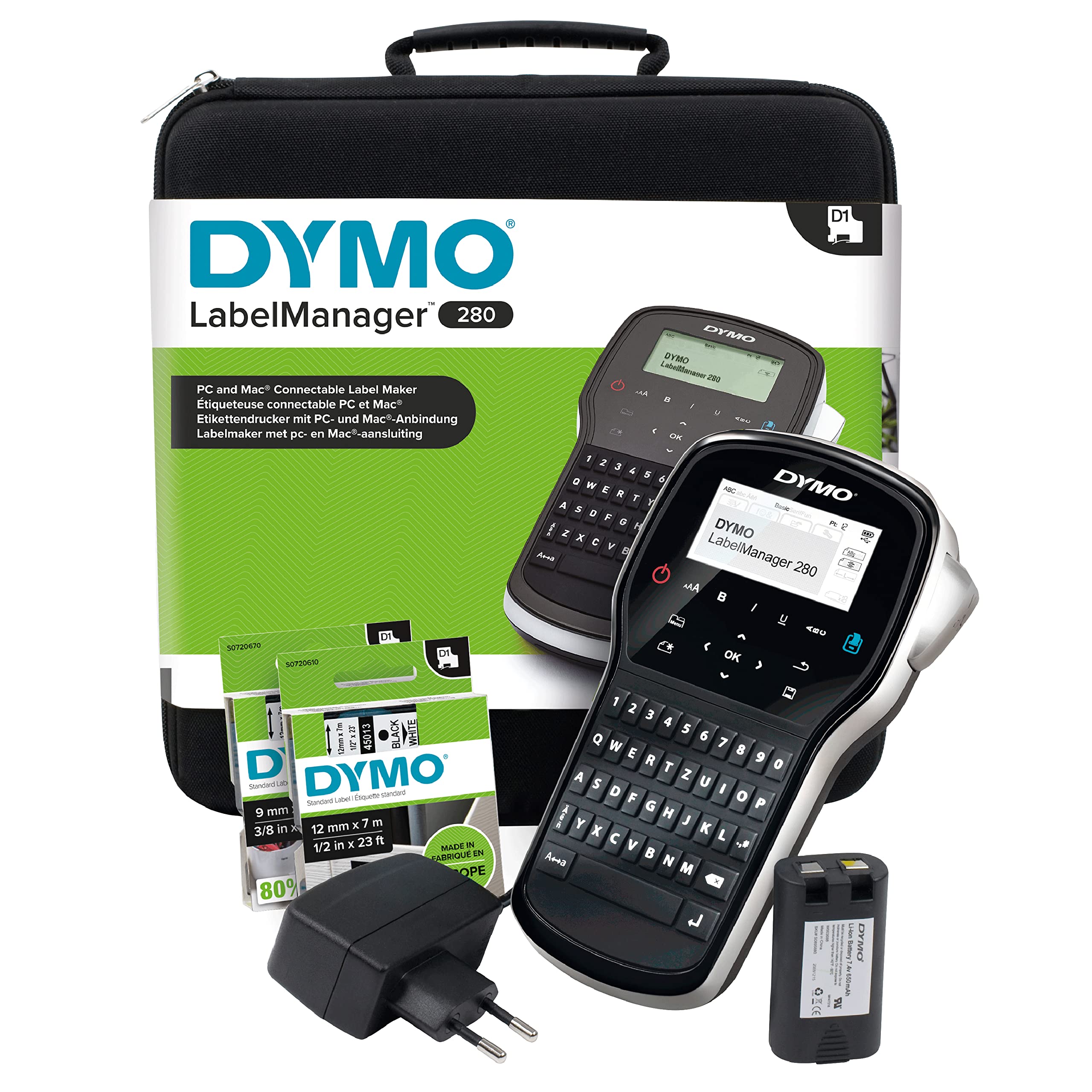 لیبل زن دستگاه برچسب‌ زن قابل حمل DYMO LabelManager 280 در یک کیف | برچسب‌زن قابل شارژ با صفحه‌کلید QWERTZ | با رابط کامپیوتر یا مک | برای برچسب‌های D1 در مجموعه اولیه دستگاه برچسب‌زن با عرض 6، 9 و 12 میلی‌متر