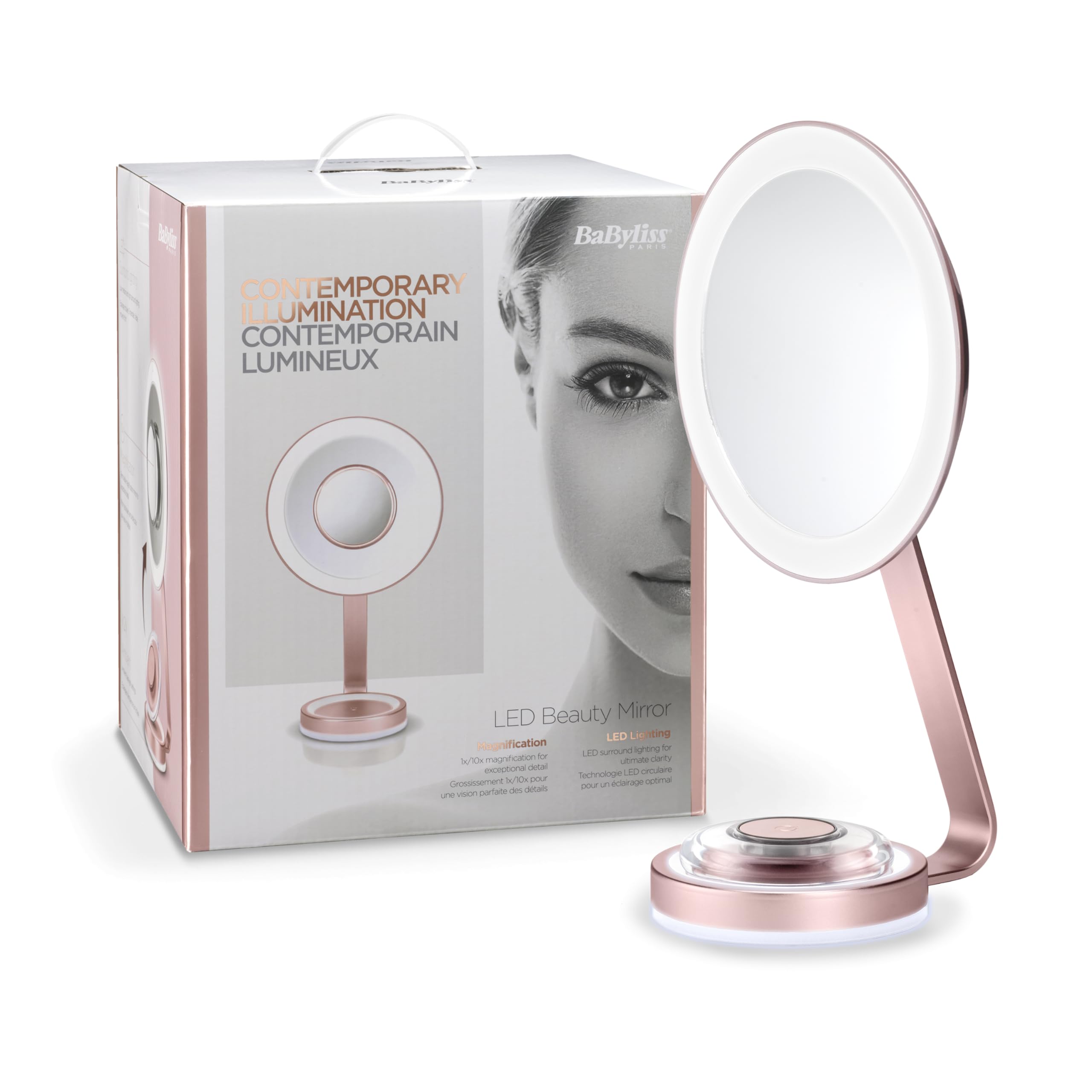 آینه آرایشی بابیلیس فرانسه LED BaByliss 9450E با روکش ساتن ظریف، نورپردازی LED قابل تنظیم، مغناطیسی