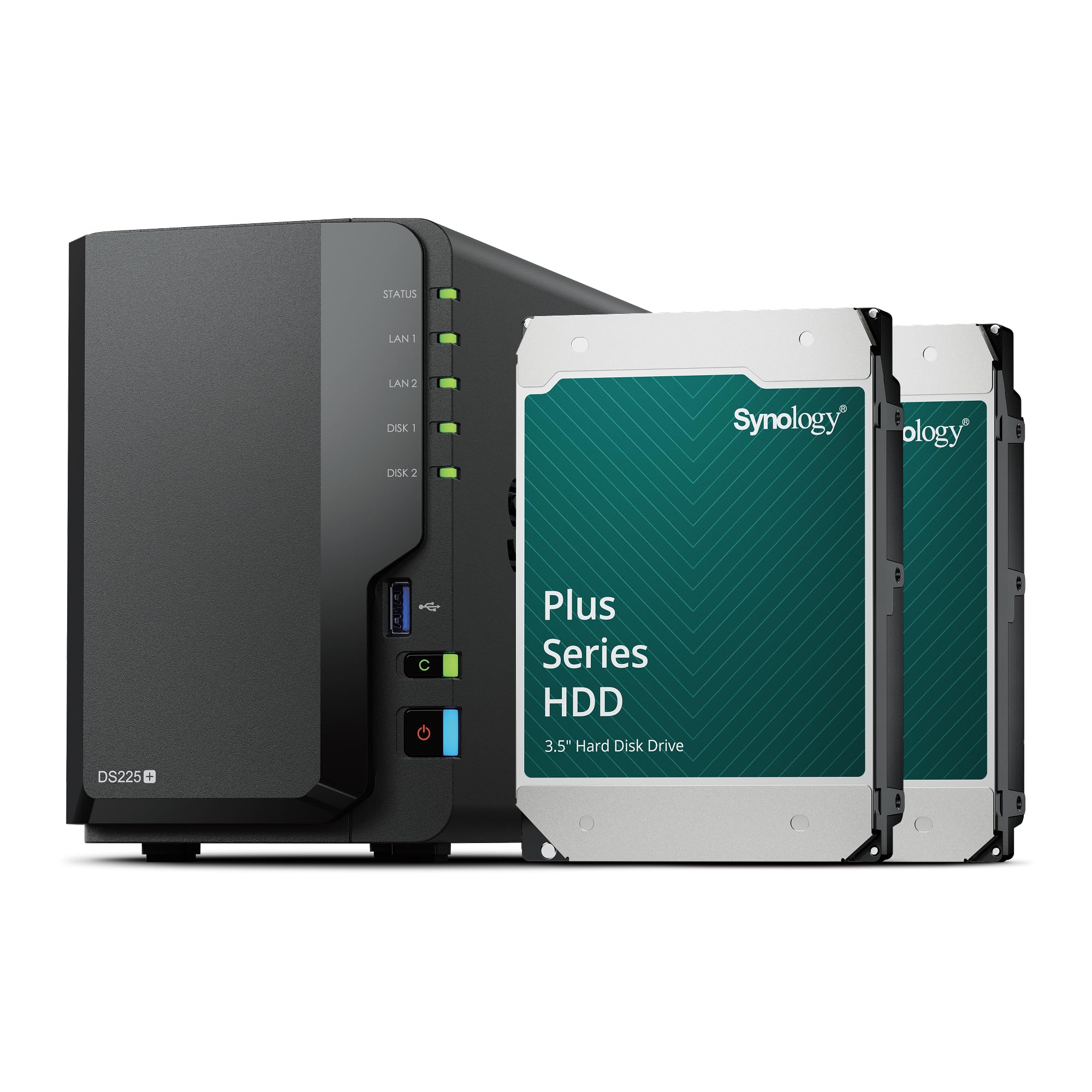 دیسک استیشن NAS سینولوژی DS225+ دو محفظه‌ای (پردازنده اینتل سلرون J4125 چهار هسته‌ای ۲.۰ گیگاهرتز، رم ۲ گیگابایتی DDR4، دو پورت LAN 1GbE از نوع RJ-45) با ظرفیت ۱۲ ترابایت، شامل دو هارد دیسک HAT3300-6T و DS225+ با دو هارد دیسک ۶ ترابایتی