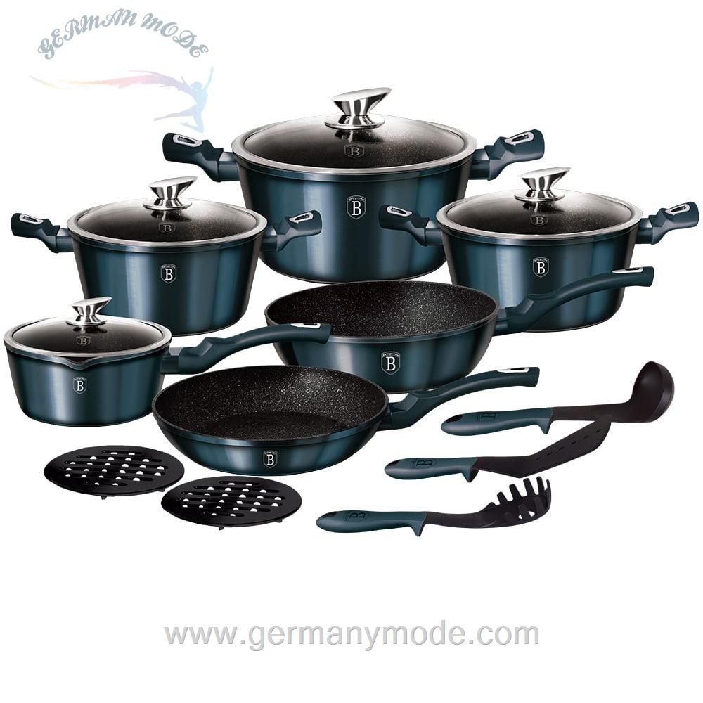 سرویس قابلمه ماهیتابه کفگیر ملاقه 15 پارچه برلینگر هاوس مجارستان BerlingerHaus 15-PIECE COOKWARE SET BH-1885 AQUAMARINE COLLECTION