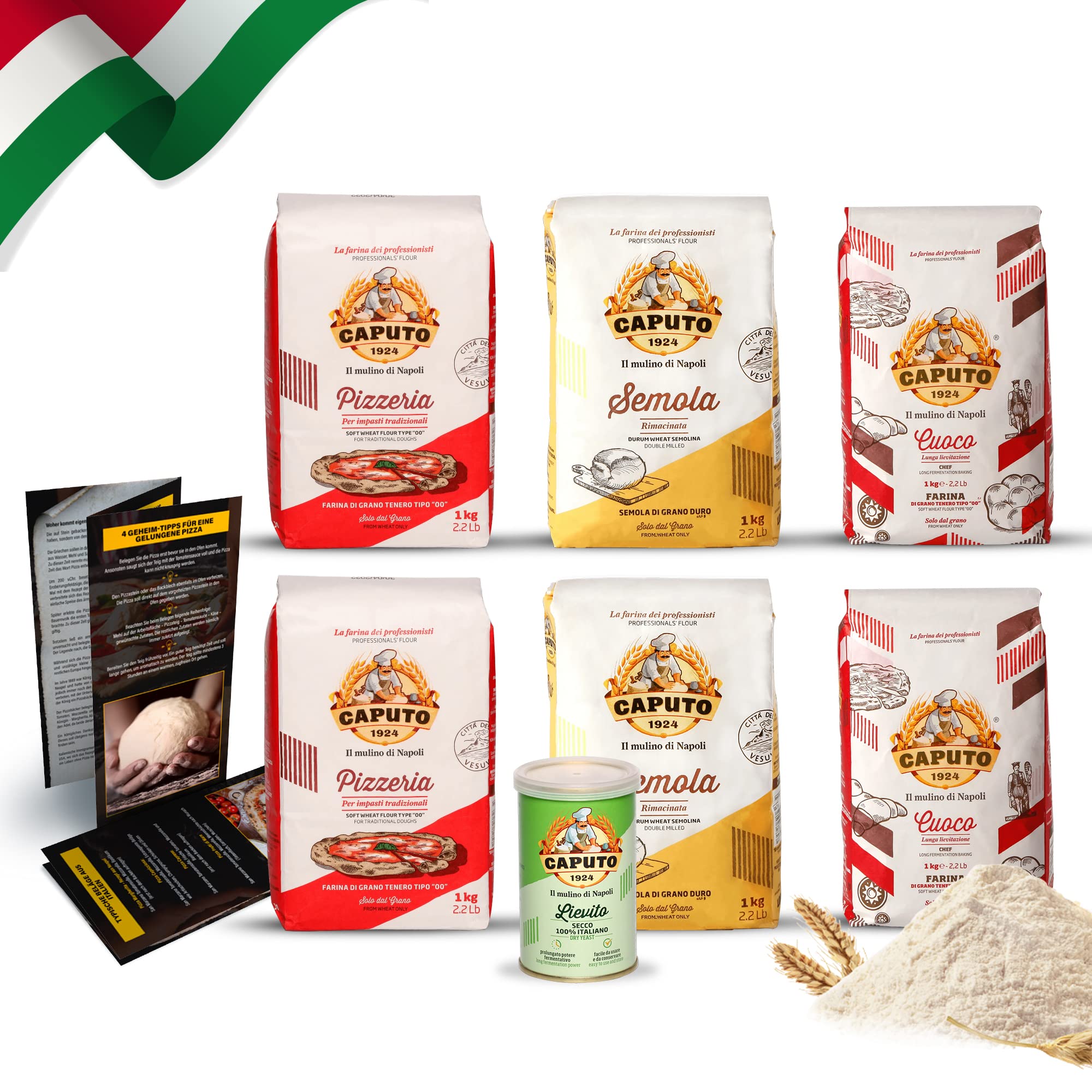 خرید از آمازون - DELICRET – Testpaket - 2x 1kg Caputo Cuoco 2x1kg Caputo Pizzeria 2x1kg Caputo Semolina + 1x100g Caputo Yeast Trockenhefe Testpaket Caputo
