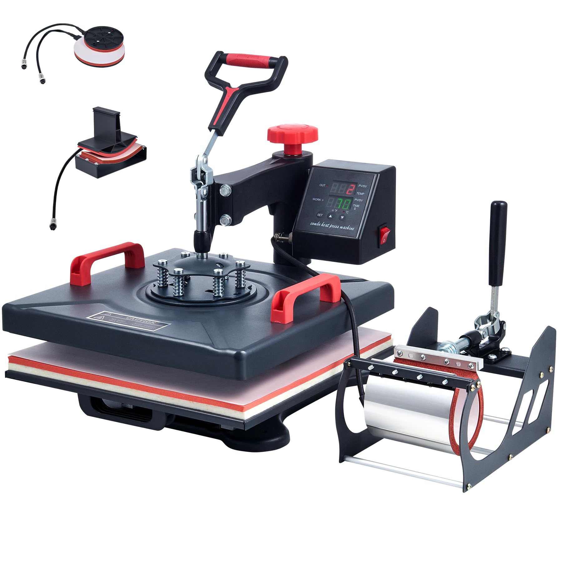 CREWORKS Heat Press 15"x15"، 5-in-1 360 درجه پرس پیراهن با کنترل دیجیتال، پرس حرارتی 38x38 سانتی متر با دو لوله گرمکن برای فنجان، کلاه، بشقاب و کلاه 38x38cm 5-در-1 + نگهدارنده پرس لیوان