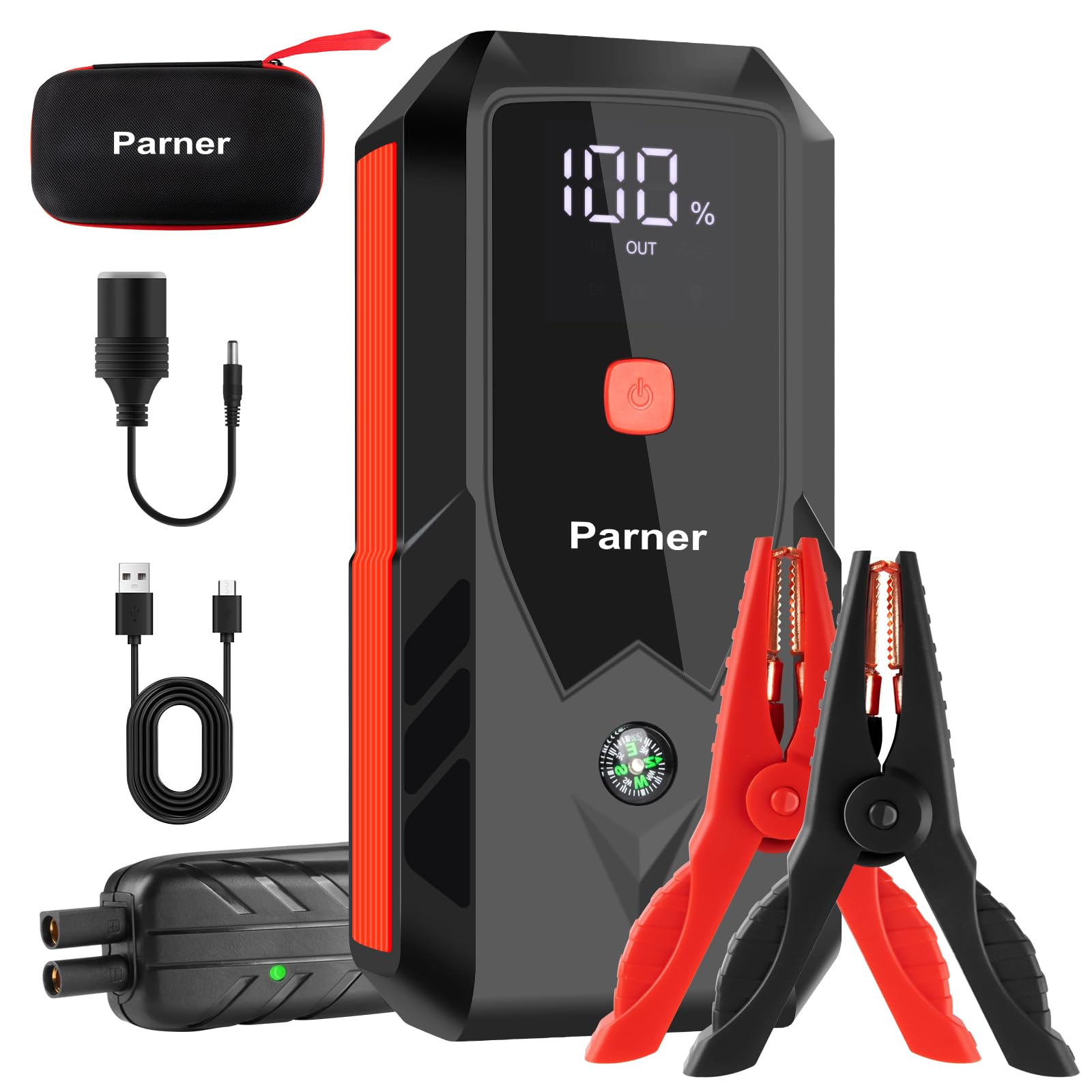 خرید از آمازون - پاوربانک جامپ استارتر Parner 3000A، جامپ استارتر 12 ولتی خودرو 24000MAH، استارت تقویت کننده باتری قابل حمل با شارژ سریع USB، مناسب برای موتورهای بنزینی و دیزلی تا 8 لیتر، دارای نور LED و نمایشگر LCD SJ01