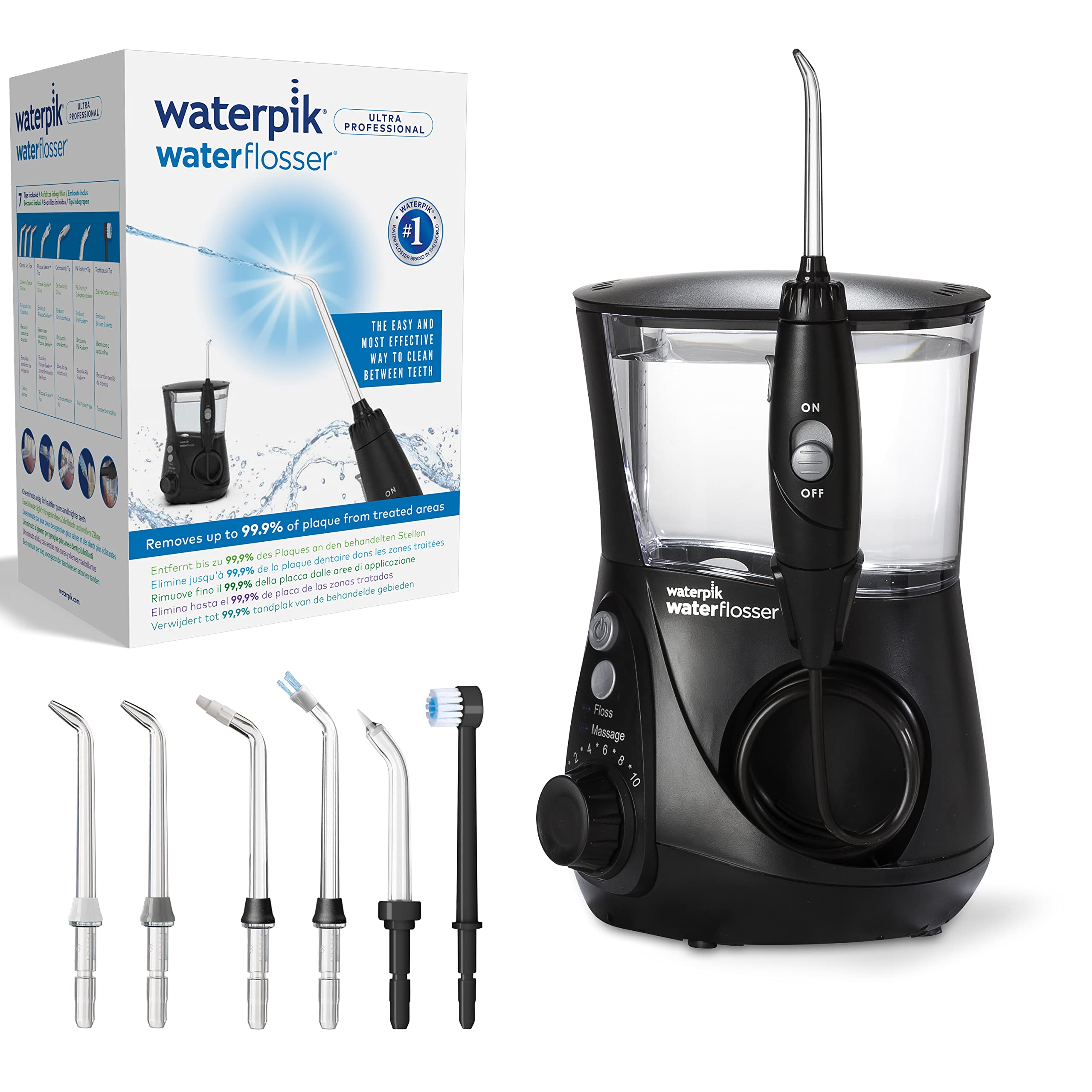خرید از آمازون - آبیاری دهانی ثابت واترفلوسر فوق حرفه ای Waterpik با 7 اتصال، محدوده فشار 0.7-7 بار قابل تنظیم از طریق 10 تنظیمات فشار، تایمر یکپارچه، مشکی (WP-662EU)
