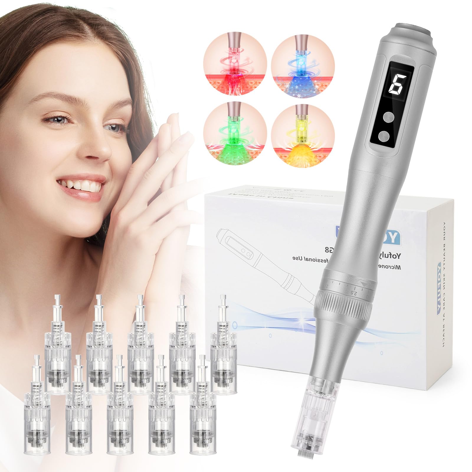 خرید از آمازون - قلم میکرونیدلینگ Yofuly با نور LED، درماپن با LCD و 6 سطح، قلم درما برقی با 10 عدد کارتریج سوزنی میکرونیدلینگ (11/16/24/36/Nano) صورت و بدن، خاکستری