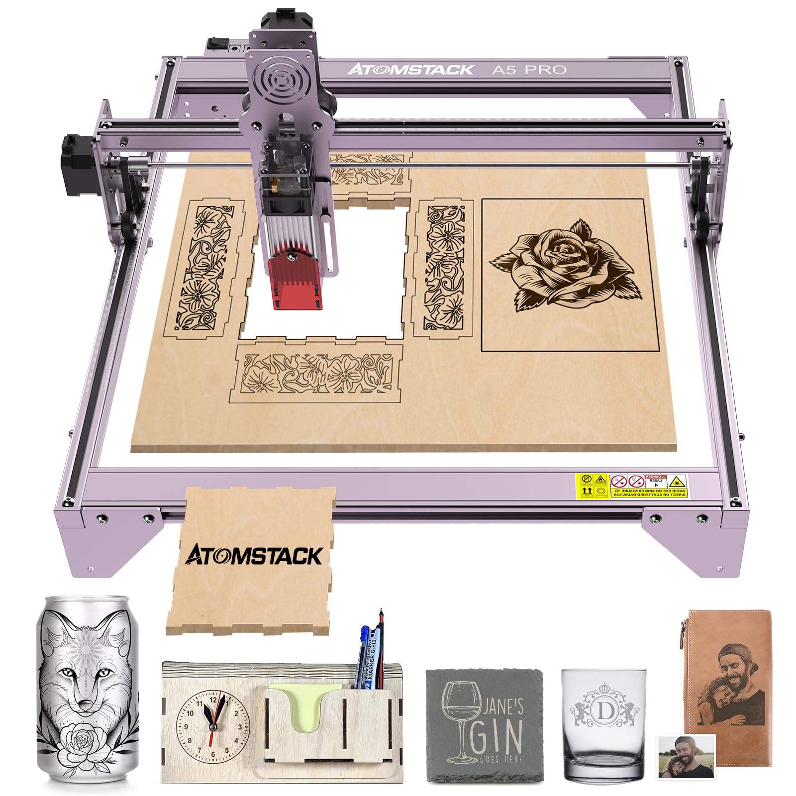 خرید از آمازون - دستگاه حکاکی لیزری ATOMSTACK A5 Pro 40 وات، برش لیزری حکاکی CNC DIY، برش لیزری با فوکوس ثابت محافظ چشم برای فلز چوب دست ساز، منطقه حکاکی بزرگ 410x400mm