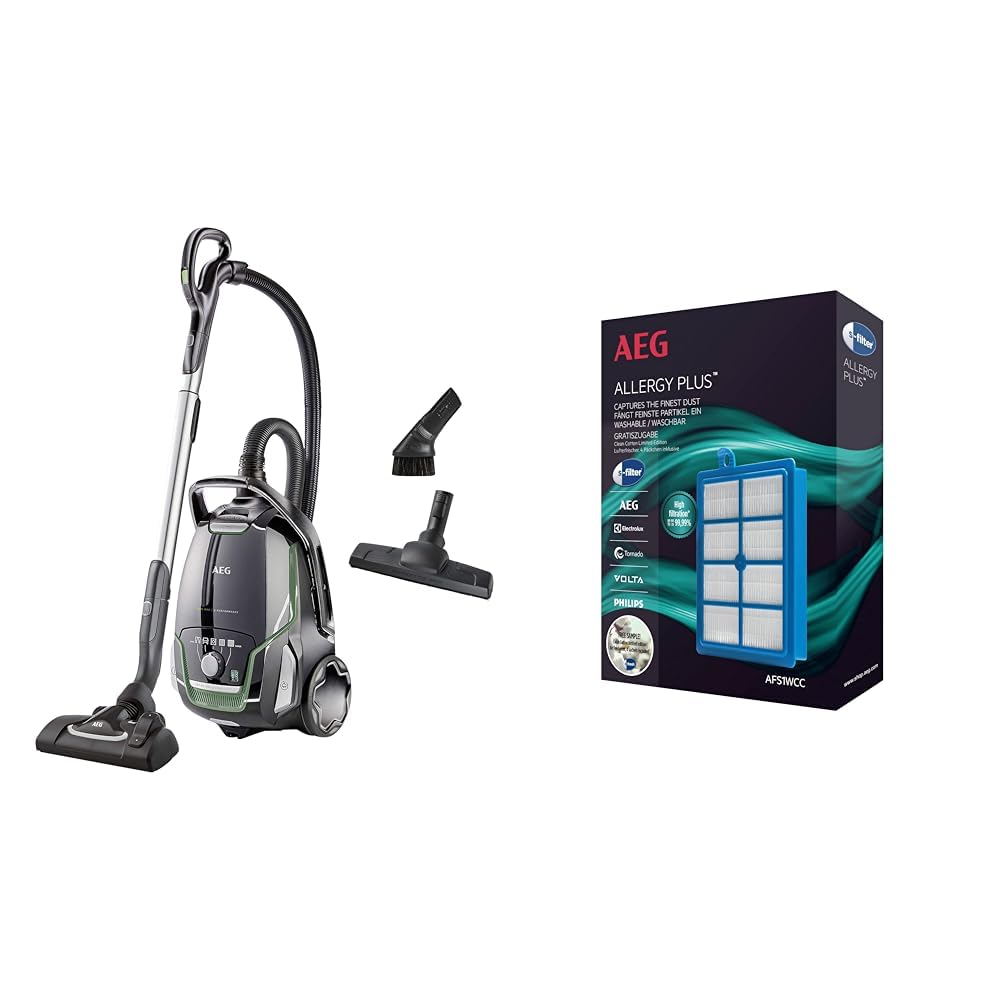 جاروبرقی AEG VX9-2-ÖKO / 12 متر / 850 وات / فقط 65 دسی‌بل (A) / 5 لیتر / مشکی/سبز و AFS1W فیلتر آلرژی پلاس (ایده‌آل برای افراد مبتلا به آلرژی، راندمان فیلتر بیش از 99٪، هوای پاک، قابل شستشو) آبی/سفید