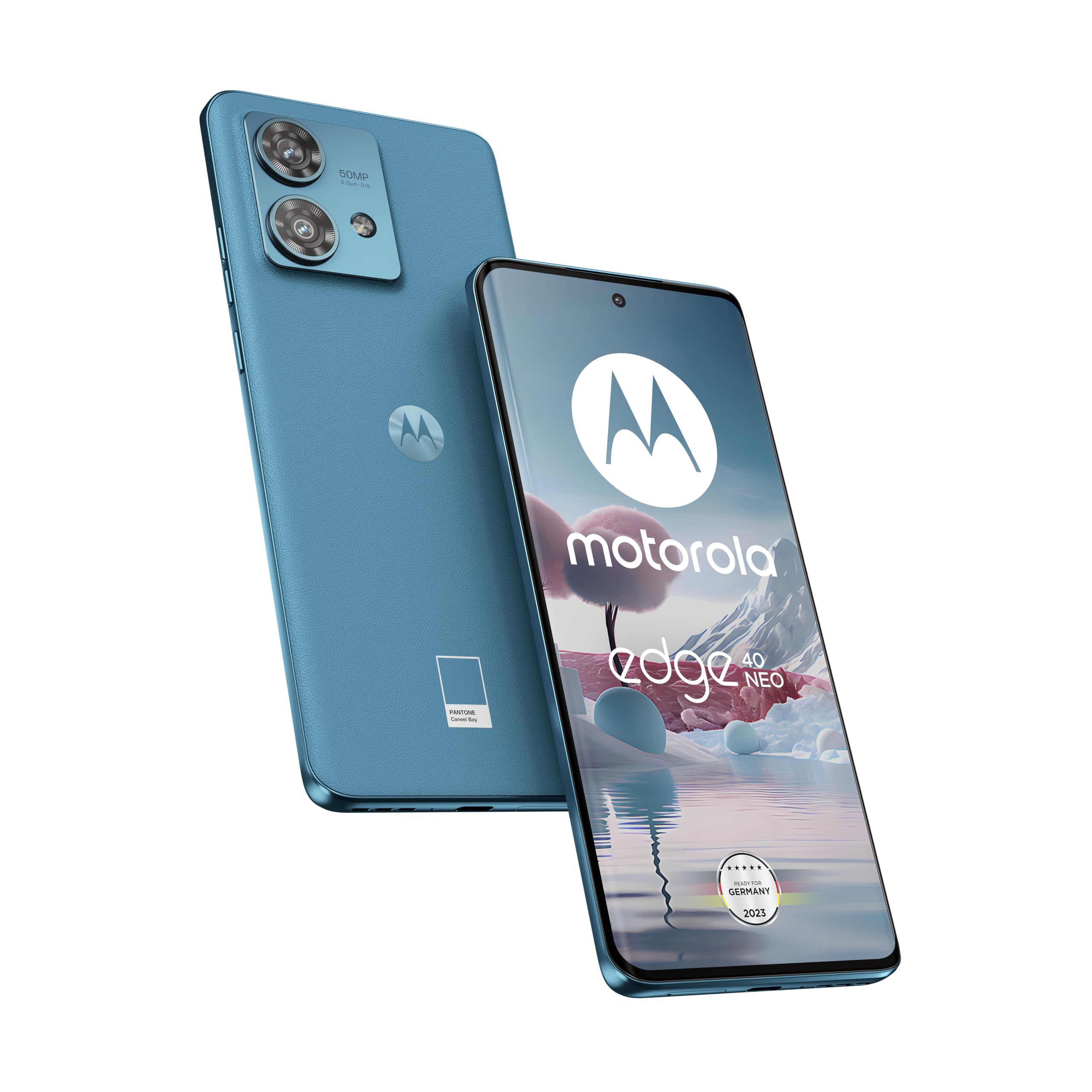 خرید از آمازون - گوشی هوشمند موتورولا edge40 neo (نمایشگر 6.55 اینچی FHD+، دوربین 50 مگاپیکسلی، 12/256 گیگابایت، 5000 میلی‌آمپر ساعت، اندروید 13) Caneel Bay، شامل پوشش محافظ + آداپتور خودرو [اختصاصی آمازون] motorola edge40 neo 12GB /256GB Caneel Bay