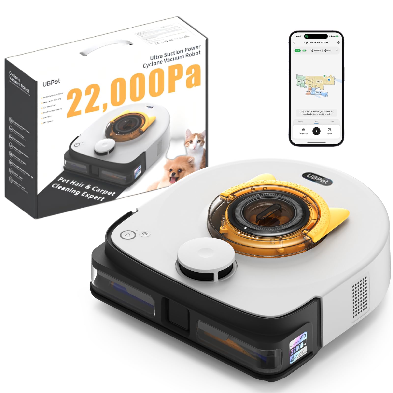 جارو رباتیک جاروبرقی ربات قدرت مکش UBPET 22000 Pa برای موهای حیوانات خانگی، ربات جاروبرقی با فناوری سیکلون، جاروبرقی ربات اتوماتیک با ناوبری LiDAR، کنترل Wi-Fi/اپ، شارژ خودکار (V10)