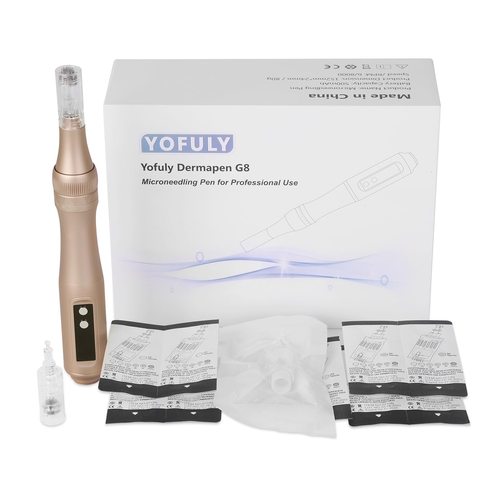 خرید از آمازون - خودکار میکرونیدلینگ Yofuly با 4 نور ال ای دی، درماپن G8 برقی با ال سی دی و 6 سطح، قلم درما با 10 عدد کارتریج سوزنی میکرونیدلینگ (12/18/24/36/Nano) صورت و بدن، طلایی