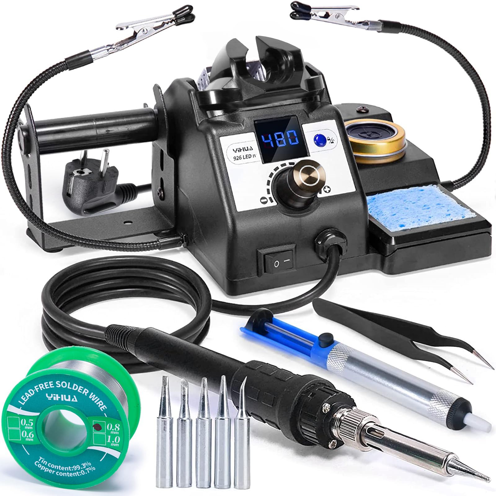 خرید از آمازون - مجموعه ایست لحیم کاری 60 واتی YIHUA 926LED-IV 90 ~ 480 درجه سانتی گراد با 2 دست کمک قابل اتصال، دستگاه پخش سیم لحیم کاری، 5 نوک لحیم کاری اضافی، پمپ لحیم کاری، لحیم کاری بدون سرب، موچین ایمن ESD (EU PLUG) مشکی