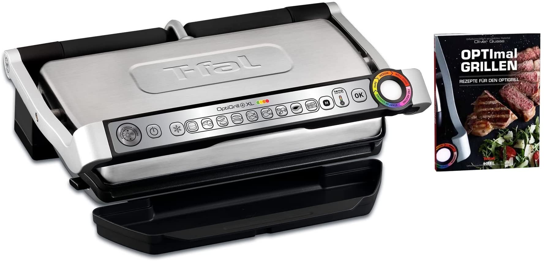 خرید از آمازون - Tefal OptiGrill+ Plus XL-Grillfläche intelligenter Kontaktgrill+ Tefal Rezeptbuch, 9 Grillprogramme, Ideale Grillergebnisse blutig bis durchgebraten, antihaftversiegelte Aluguss-Platten mit Rezeptbuch XXL 40x20 cm
