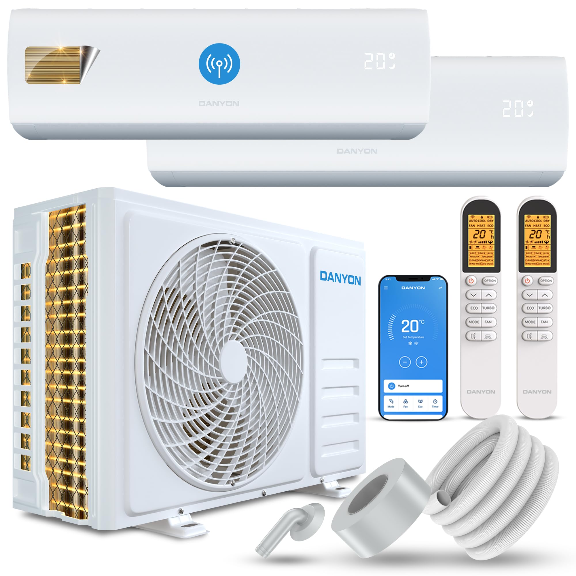 خرید از آمازون - تهویه مطبوع مولتی اسپلیت Danyon 2 واحد داخلی - 18000 BTU - 5.2 کیلو وات، بسیار کم صدا و صرفه جویی در انرژی، خانه هوشمند، واحد تهویه مطبوع اینورتر با عملکرد گرمایش، وای فای و برنامه، واحد اسپلیت از پیش پر شده با مبرد R32
