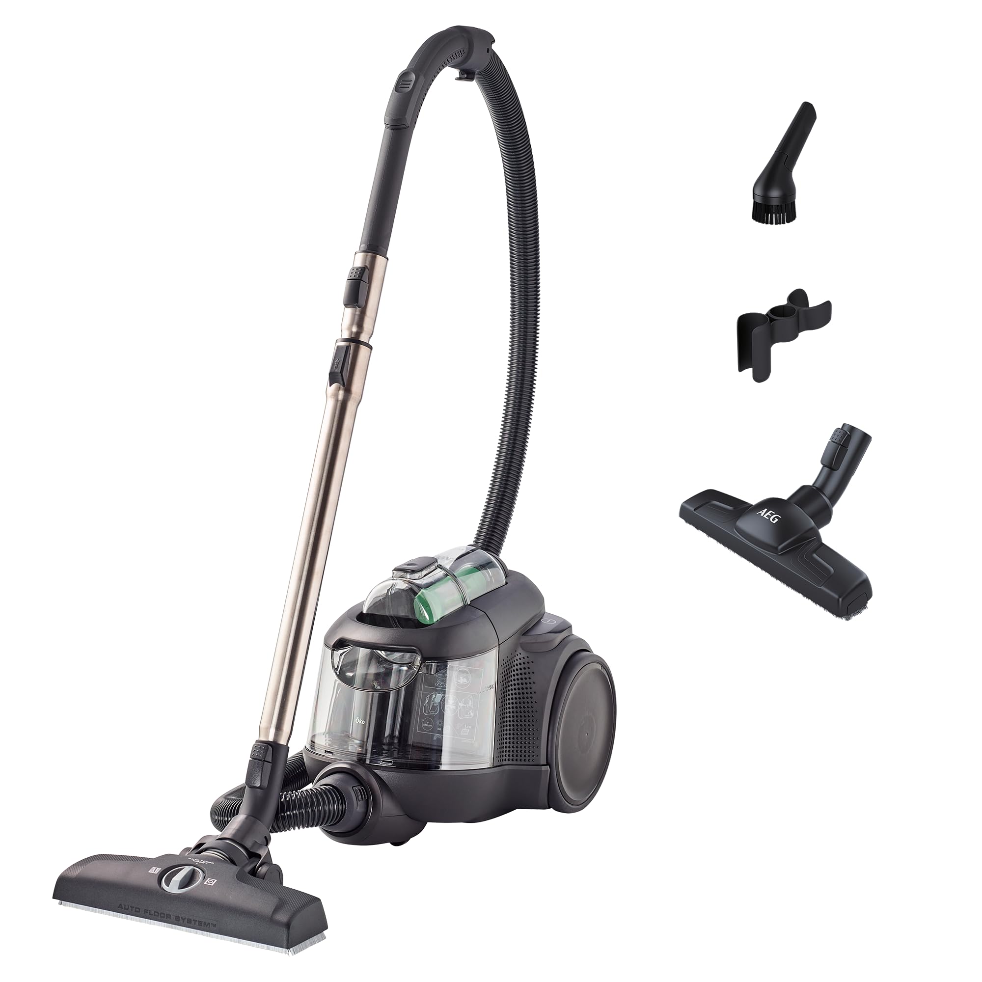 جاروبرقی بدون کیسه AEG CLEAN 6000 ÖKO AL61C2ÖKO / 60% مواد بازیافتی / 550 وات / نازل‌های اضافی / چرخ‌های نرم / جابجایی آسان / 74 دسی‌بل (A) / شعاع عملکرد 12 متر / مخزن گرد و غبار 1.6 لیتری / مشکی با نازل کف سخت و نازل چند منظوره 3 در 1