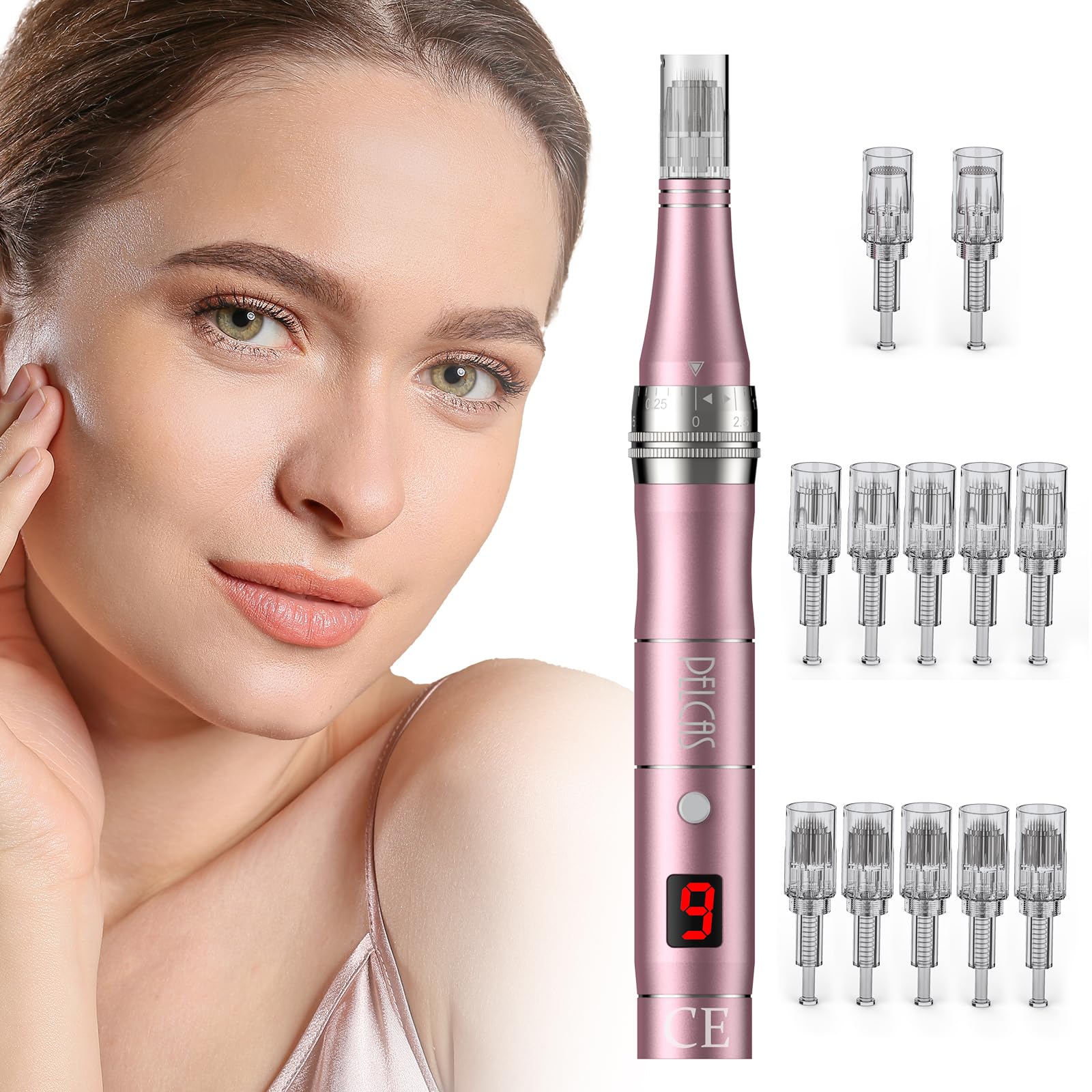 خرید از آمازون - PELCAS Derma Pen 9 Levels Electric Derma Pen with the LCD Wireless Derma Roller incl.