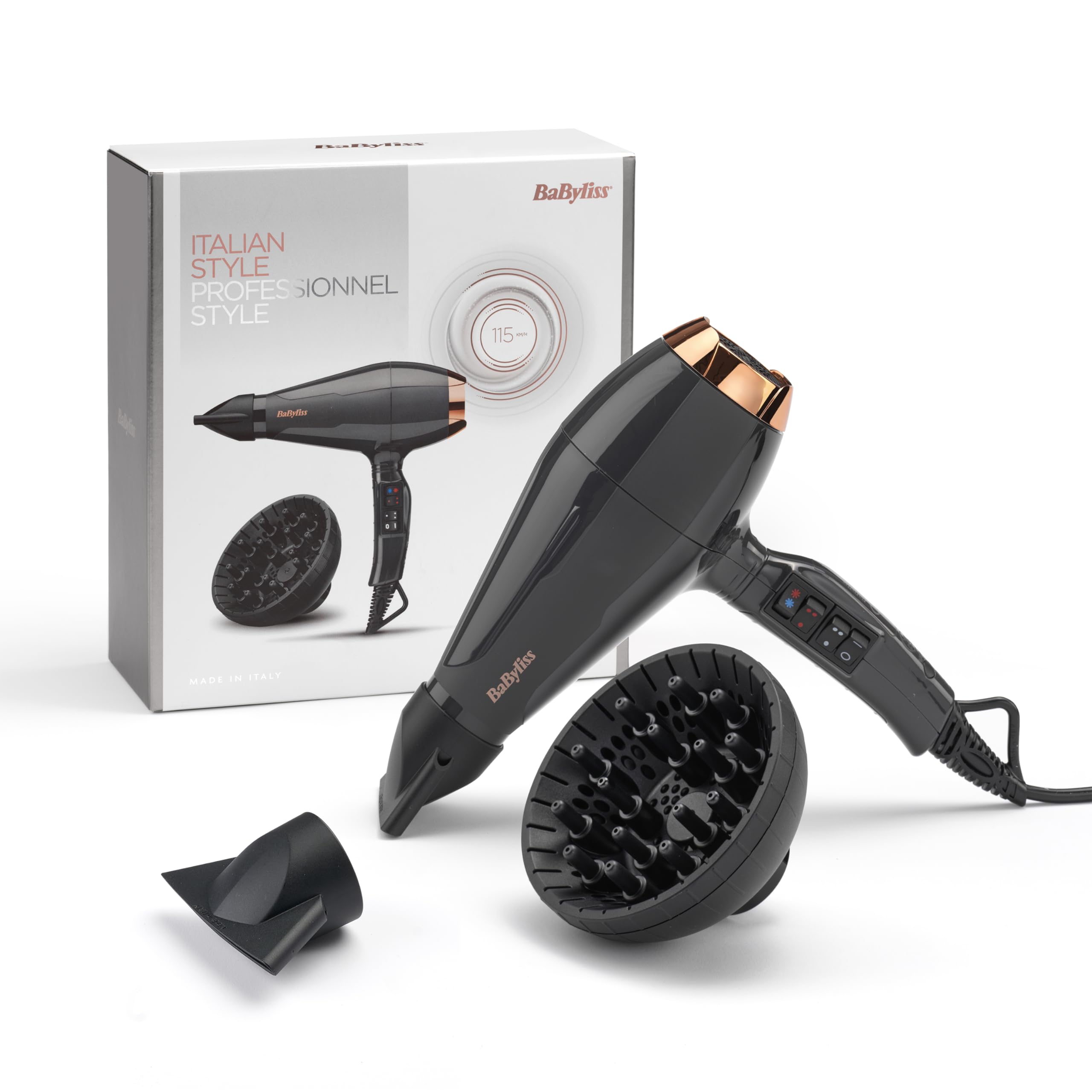 سشوار بابیلیس فرانسه - BaByliss Italian Air Pro 2200، خاکستری، موتور AC، توان 2200 وات، فناوری یون، 6719DE Single
