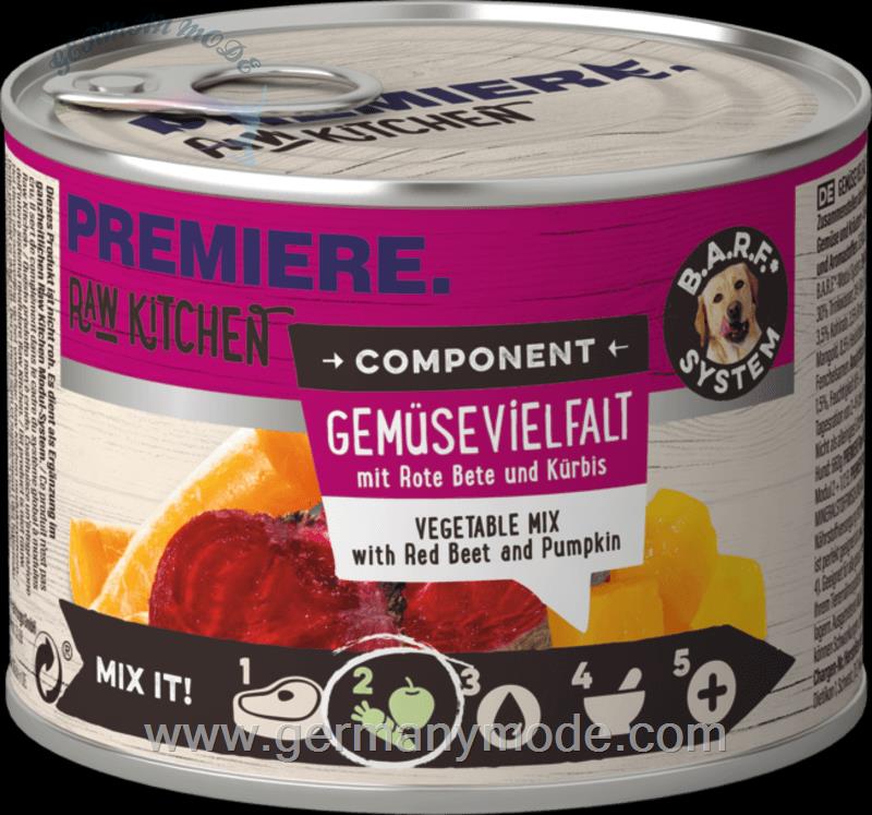 غذا مرطوب سگ با انواع سبزیجات پریمیر آلمان PREMIERE RAW KITCHEN Gemüsevielfalt 6x200g Mit Rote Bete und Kürbis