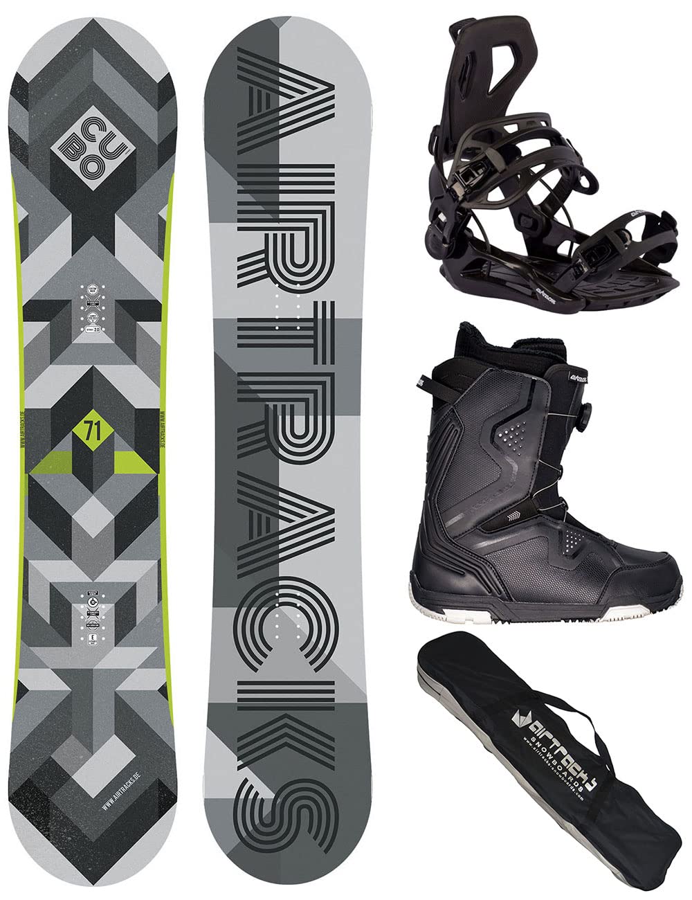 Airtracks Snowboard Set Board Cubo Extra Wide Camber + Snowboard Bindung Master + Snowboardboots + Sb Bag 159 161 165 168 171 cm Snowboard 159 cm Boots Strong Atop 40