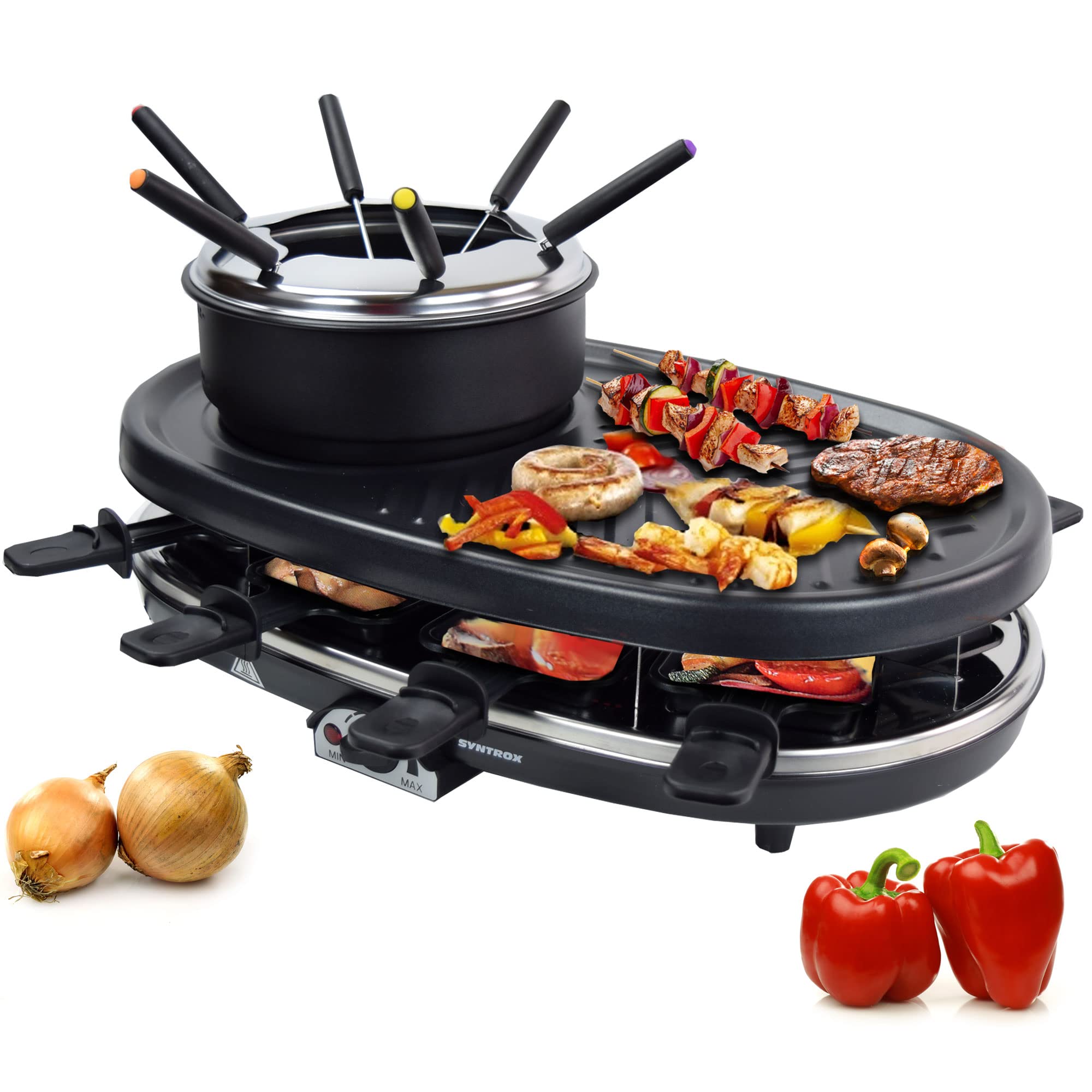 خرید از آمازون - ست تفریحی همه جانبه Syntrox آلمان RAC-1500W-Appenzell Raclette گریل فوندوی Syntrox با لوازم جانبی فراوان
