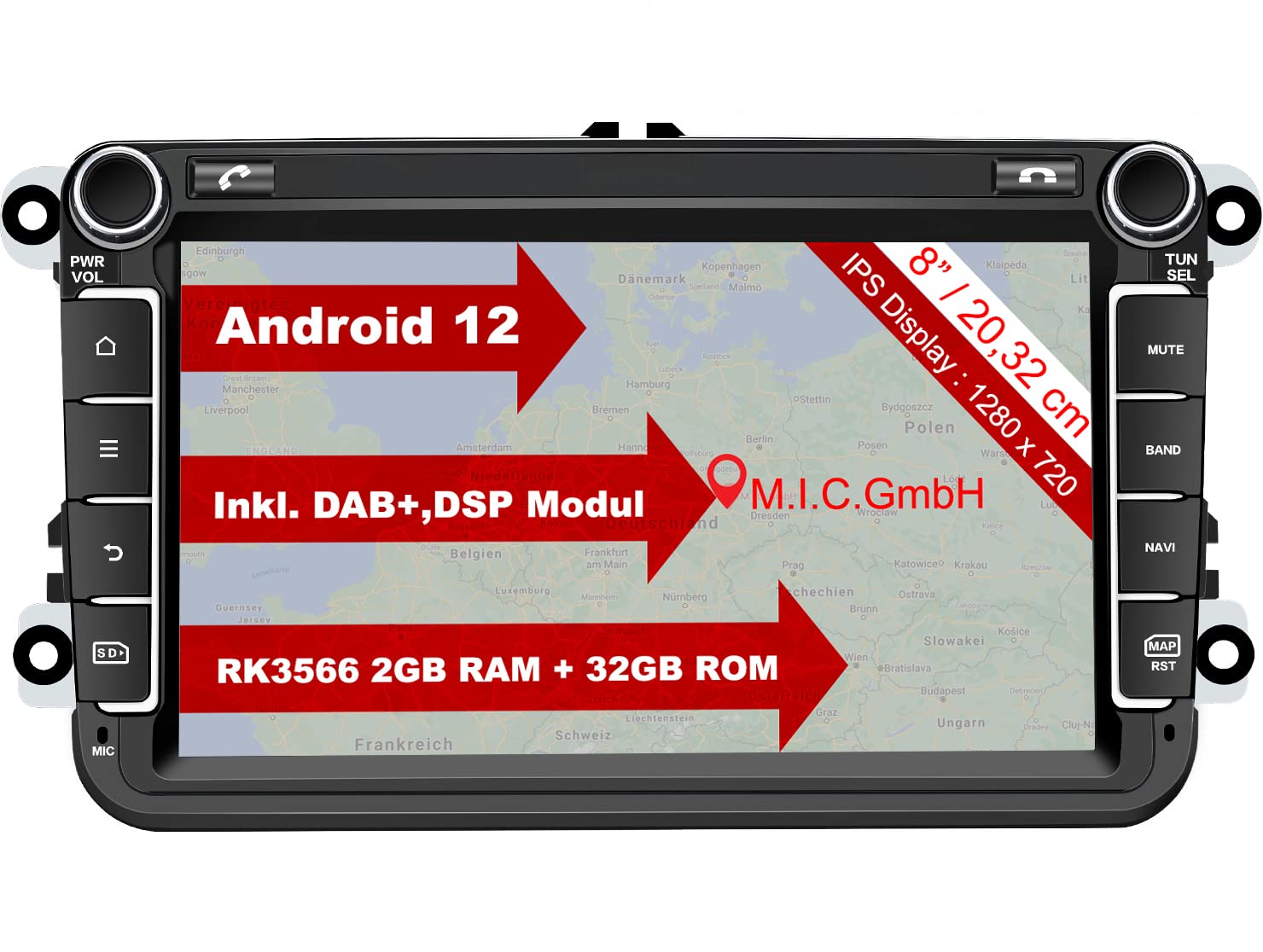 خرید از آمازون - رادیو ماشین MIC AV8V7LITE Android 12 با جایگزینی سیستم ناوبری VW Golf t5 touran Passat Skoda Octavia SEAT Alhambra: DSP DAB Plus Bluetooth 5.0 WiFi 2 din 8" IPS صفحه نمایش 2G+32G USB لوازم جانبی خودرو DE/AT/CH