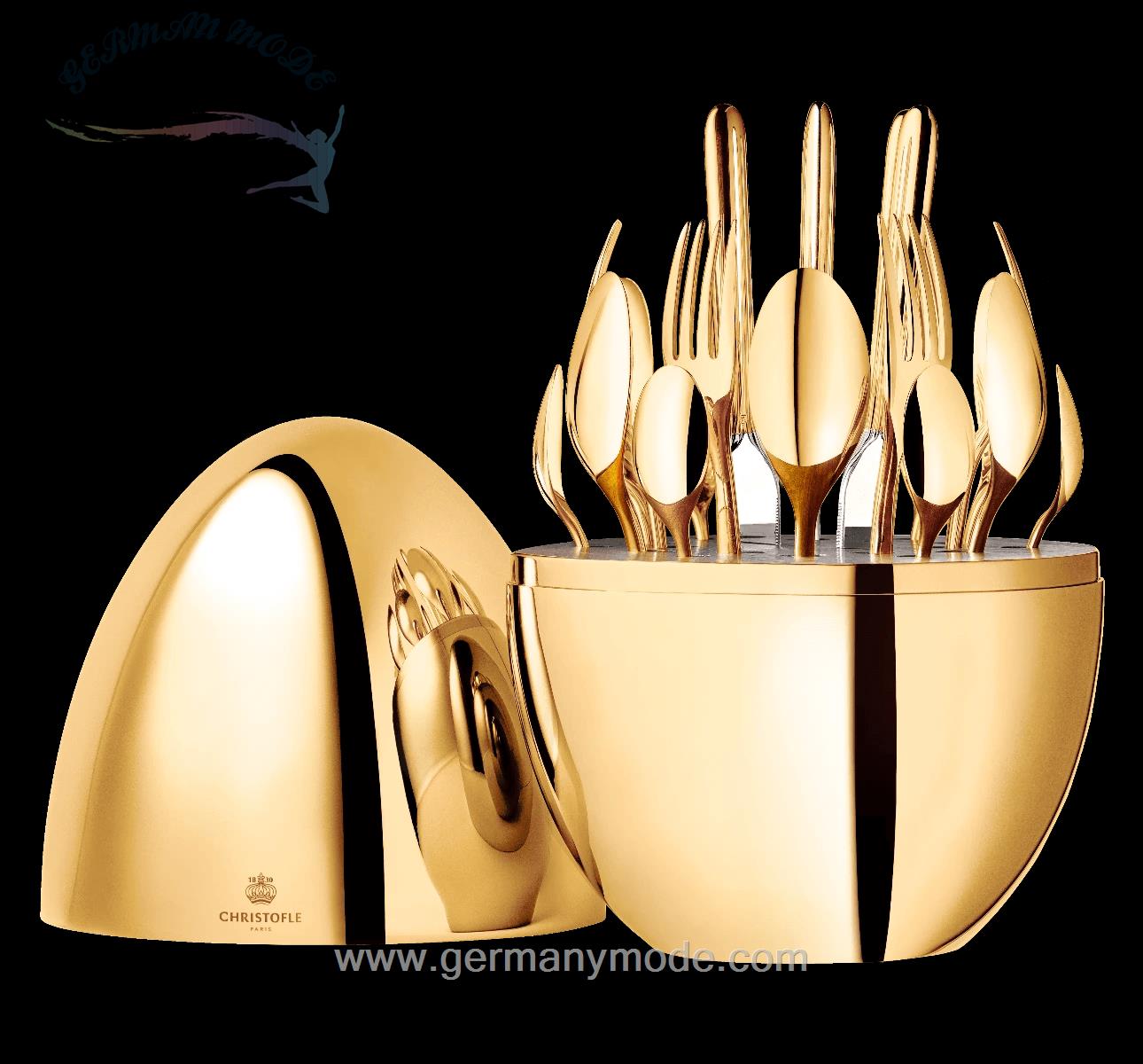 سرویس قاشق چنگال رو کش طلا 24 قطعه با قاب تخم مرغی کریستوفل فرانسه Christofle 24-Piece Flatware Set for 6 People in 24-carat Gold Gilded Metal Chest