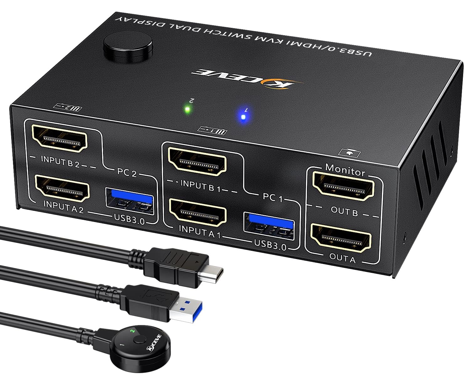 خرید از آمازون - سوئیچ USB 3.0 HDMI KVM 2 PC 2 مانیتور 4K@60Hz 2K@144Hz، شبیه سازی EDID، سوئیچ مانیتور MLEEDA 2 PC 2 با 4 پورت USB 3.0 برای ماوس صفحه کلید، کنترل از راه دور کابلی و کابل شامل 2 PC* 2 مانیتور USB3 MI HD.