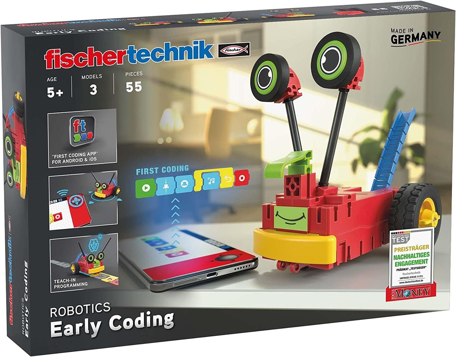 اسباب بازی رباتیک fischertechnik 559889 کدنویسی اولیه، کیت ساخت و ساز برای کودکان 5 سال به بالا، کیت آزمایش برای 3 مدل ربات، برای ساخت و برنامه نویسی، با موتور و سنسور، اسباب بازی ربات کدنویسی اولیه