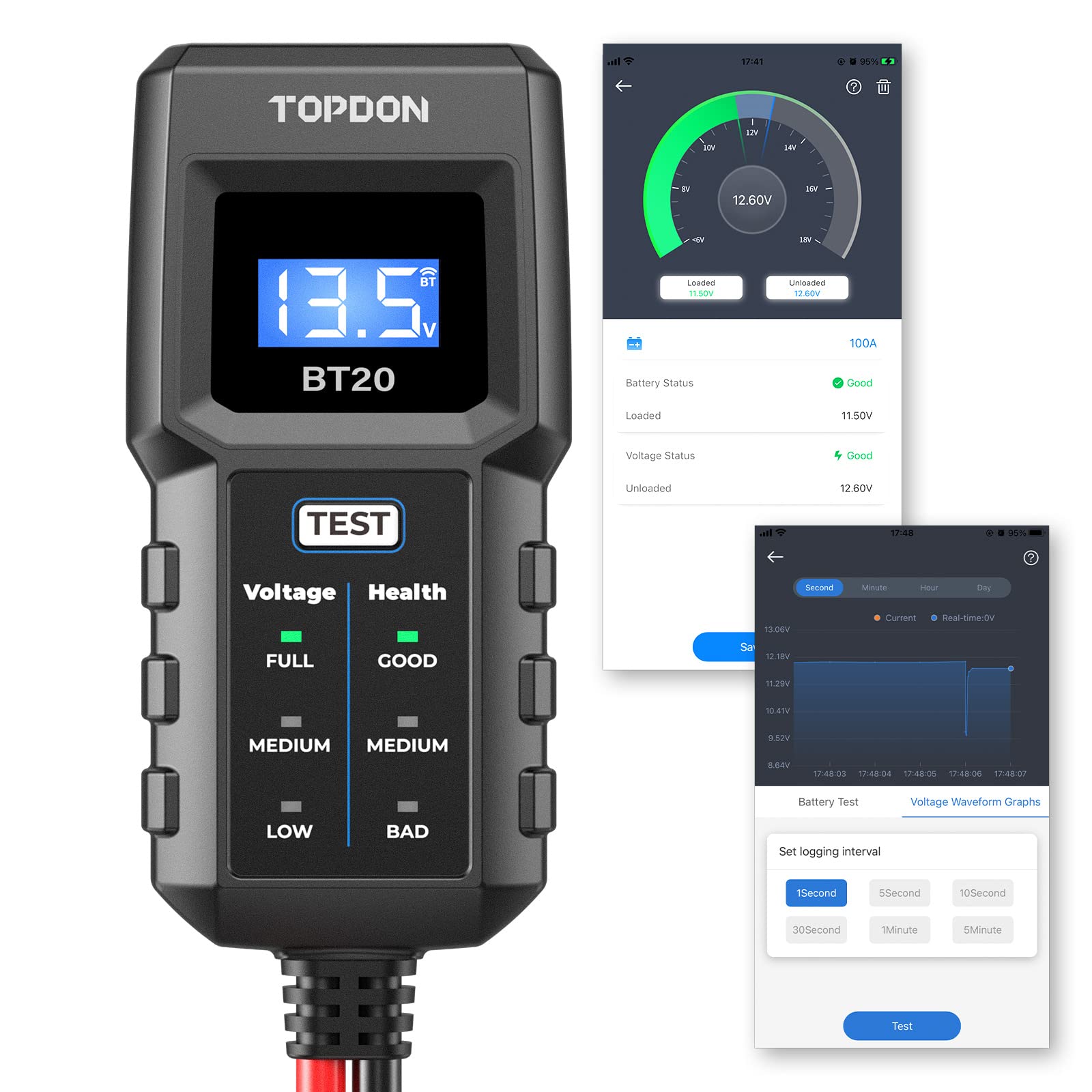 خرید از آمازون - تستر باتری ماشین TOPDON BT20 تستر باتری ماشین 12 ولت با تستر بار باتری، تست ولتاژ، تست میل لنگ و تست شارژ بلوتوث اختیاری BT20-DE