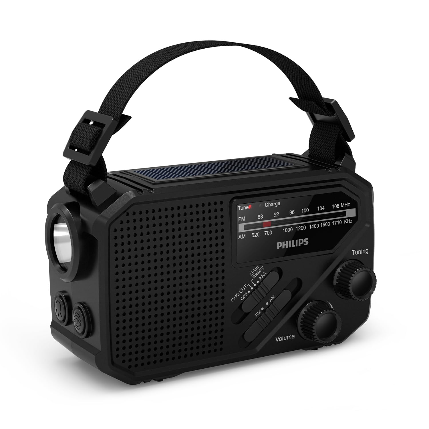 رادیو قابل حمل Philips TAR1609 FM/AM با باتری قابل شارژ داخلی، باتری AAA و هندل برای تغذیه پشتیبان، سلول خورشیدی، چراغ LED یکپارچه و چراغ قوه برای کمپینگ، کوهنوردی و مواقع قطع برق