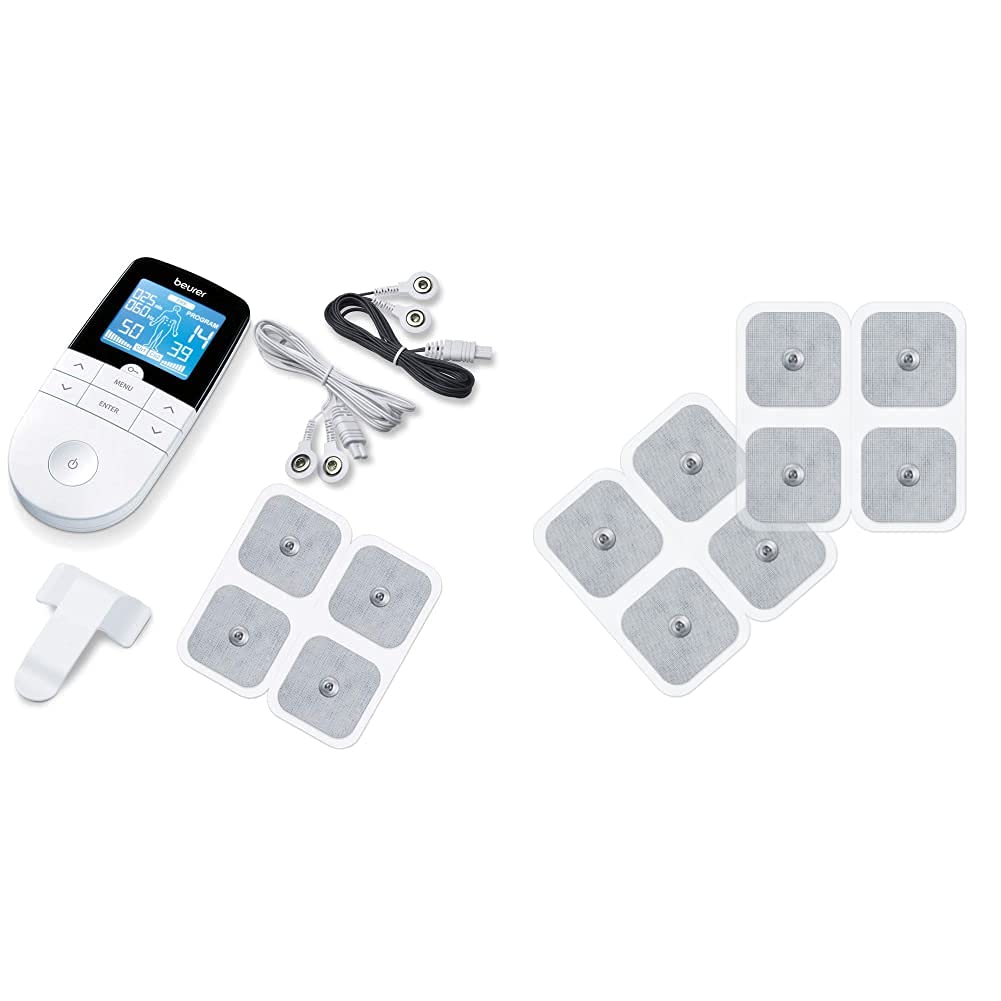 خرید از آمازون - Beurer EM 49 Digital TENS/EMS، دستگاه جریان تحریک 3 در 1 برای تسکین درد از طریق تحریک الکتریکی عصب و مجموعه جایگزینی الکترود، متشکل از 8 پد ژل خود چسب 45 در 45 میلی متر