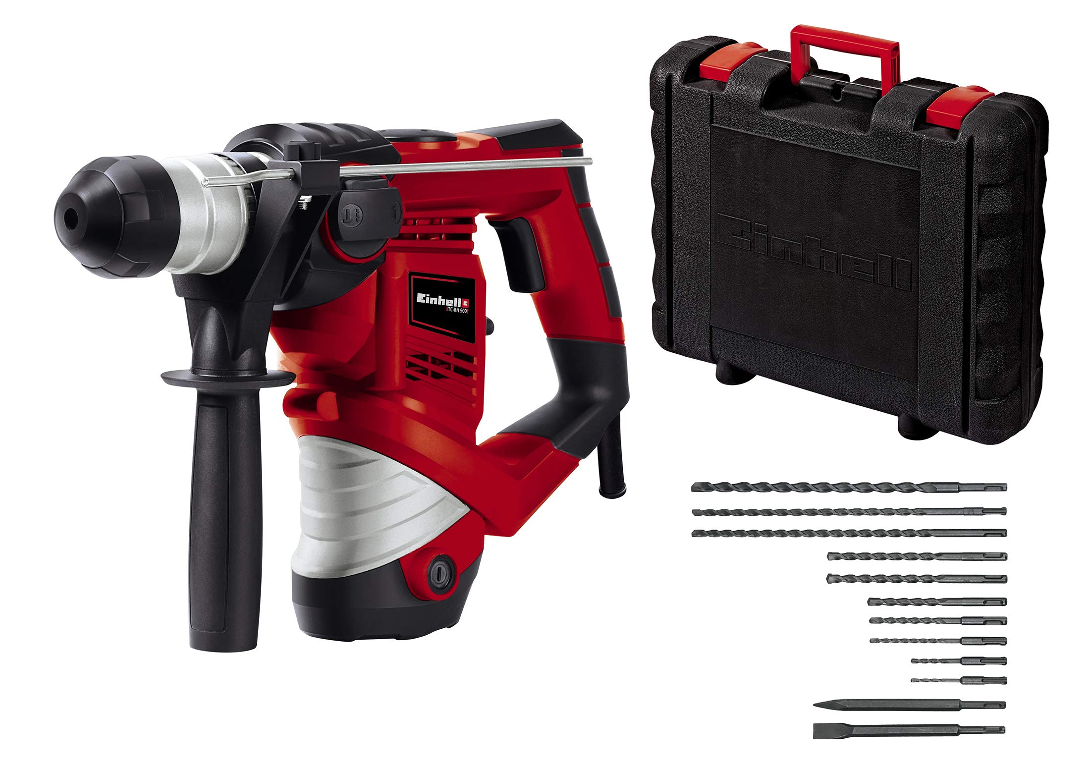 خرید از آمازون - کیت ست مته چکشی Einhell TC-RH 900 (900 W, 3 J, مته کاری, دریل چکشی, اسکنه با تثبیت اسکنه, کلاچ لغزشی اضافه بار, شامل 10 مته, اسکنه نوک تیز و مسطح, جعبه)