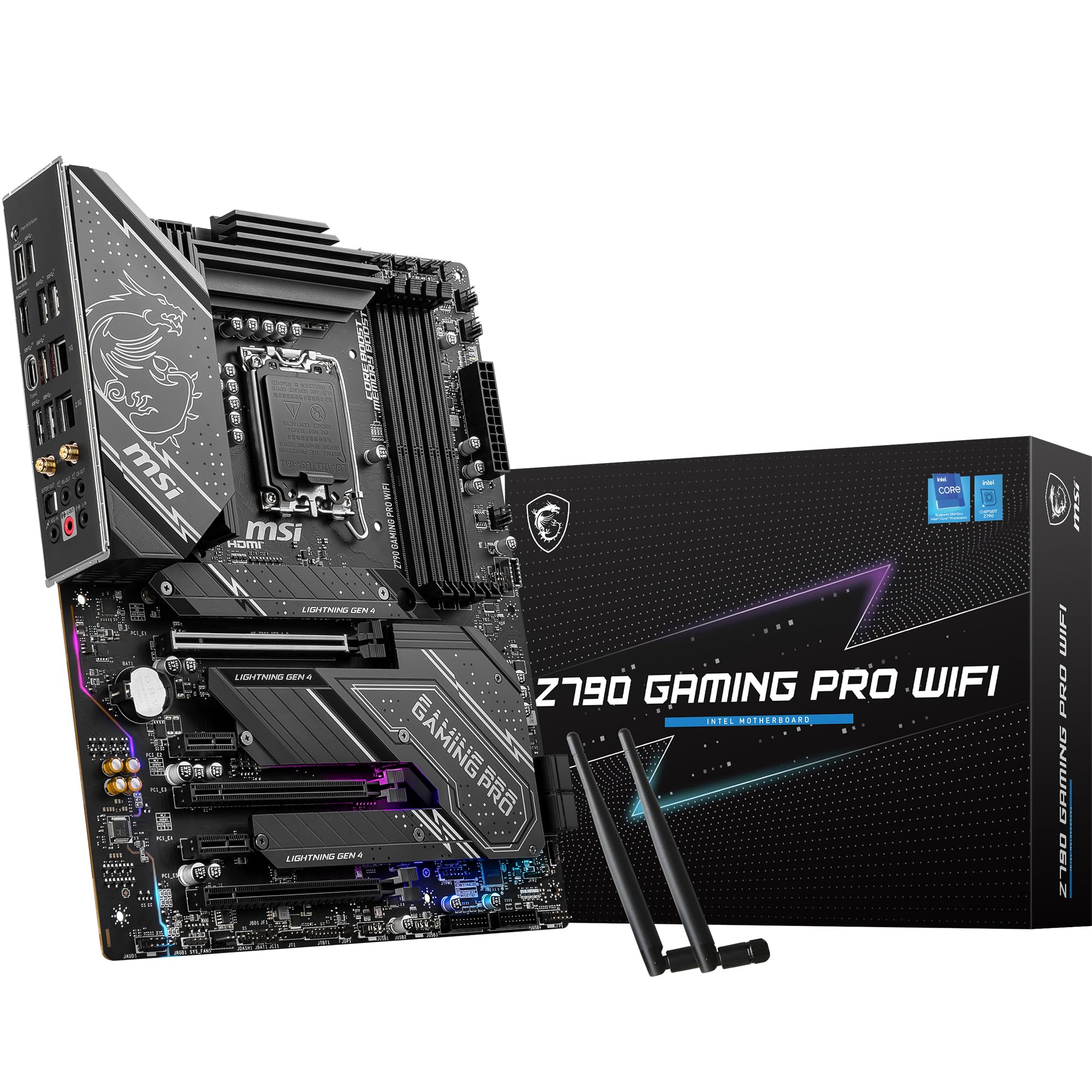 خرید از آمازون - مادربرد MSI Z790 GAMING PRO WIFI ATX - از پردازنده‌های Intel Core 12/13/14th Gen، LGA 1700، DDR5 Boost (7200+MHz/OC)، 3 x PCIe 4.0 x16، 2 x PCIe 3.0 x1، 3 x 3 M. LAN 2.5 گیگابیت بر ثانیه، Wi-Fi 6E ATX Z790 GAMING PRO WIFI