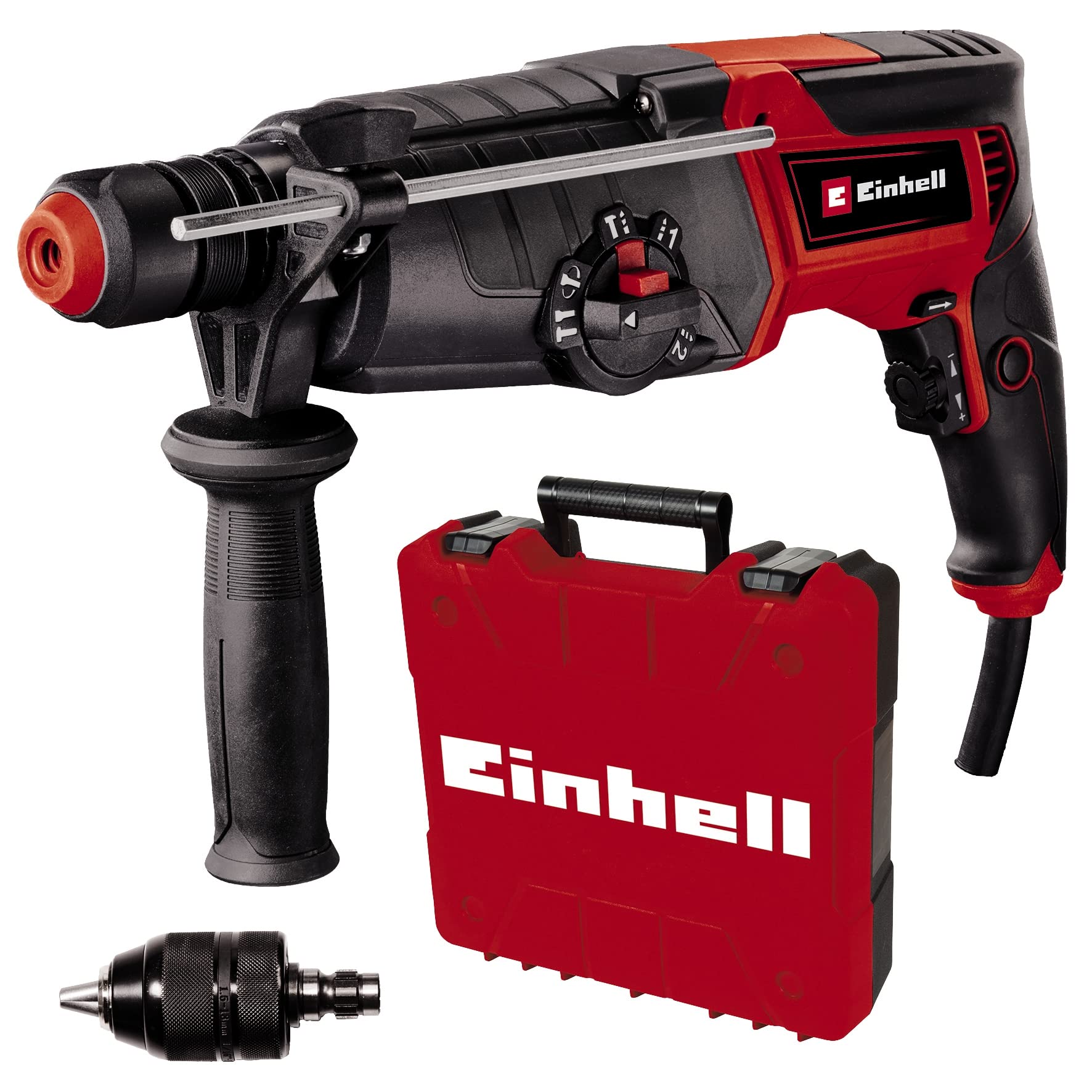 خرید از آمازون - مته چکشی Einhell TE-RH 950 5F (950 وات، گیربکس 2 سرعته، مقاومت ضربه ای 3 ژول، پایه SDS-plus، ظرفیت حفاری بتن 28 میلی متر، توقف عمق حفاری، تحویل در جعبه)