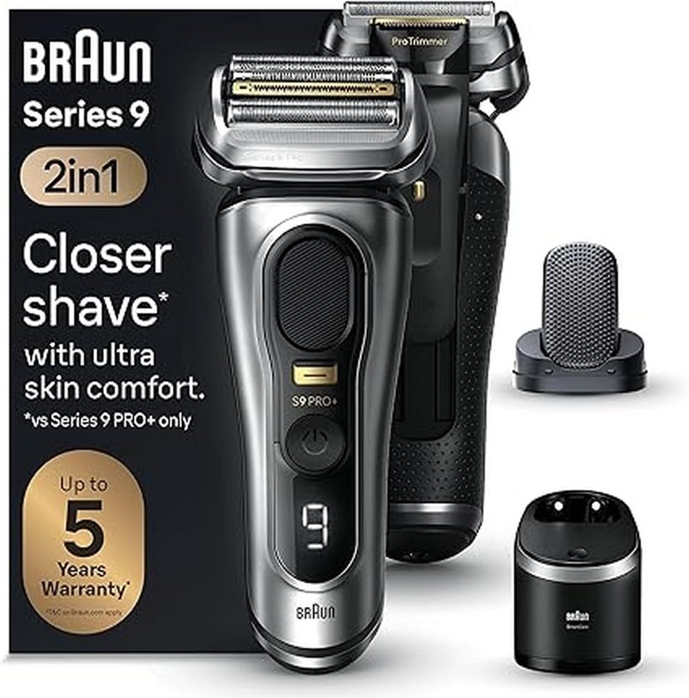 خرید از آمازون - ریش تراش مردانه Braun Series 9 Pro+، ریش تراش برقی با 5 عنصر اصلاح، ضمیمه ProComfort، سیستم 2 در 1، ایستگاه تمیز کردن، زمان کار 60 دقیقه، ساخت آلمان، هدیه برای شوهر، 9597cc، نقره ای