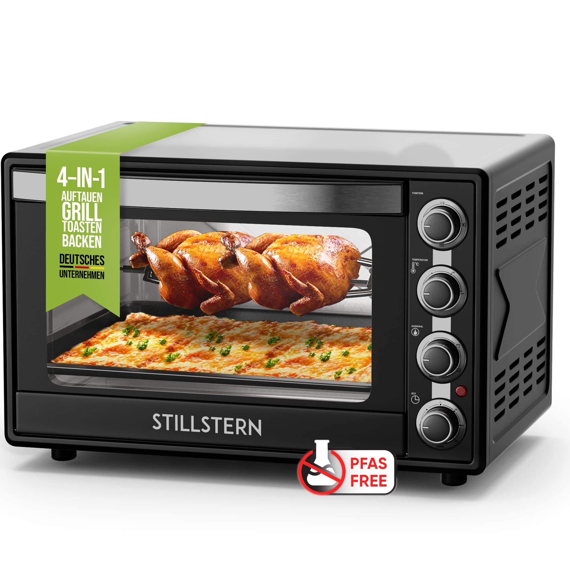 خرید از آمازون - Stillstern Minibackofen mit Umluft (60L) Deutsche Version, Auftauen, Ofenhandschuhe, Rezeptheft, Drehspieß, Timer, Innenbeleuchtung, 2200W, Toaster Grill Pizzaofen Mini Backofen ideal für Camping