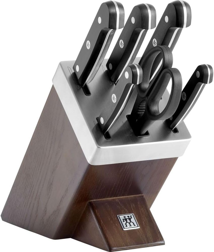 ست چاقو 7 پارچه زولینگ آلمان خود تیز شونده گورمت ZWILLING 7 تیکه، چاقو و قیچی ساخته شده از فولاد ضد زنگ/ دسته پلاستیکی مخصوص، خاکستر بلوک چوبی، قهوه ای [ساخت آلمان]