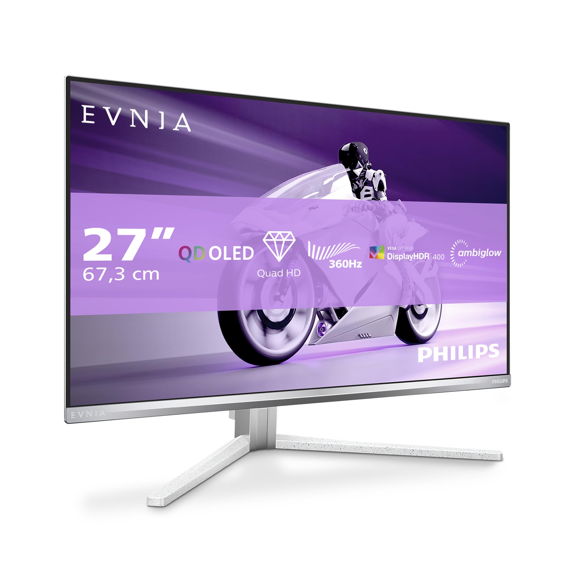 مانیتور بازی Philips Evnia 27M2N8500-27 Zoll Quad HD OLED، 360 هرتز، 0.03 میلی‌ثانیه، HDR400، FreeSync Premium، G-Sync comp.، Ambiglow (2560x1440، 2X HDMI 2.1، 1x DP 1.4، هاب USB) Weiss 27 Zoll QHD USB 3.2 360 هرتز
