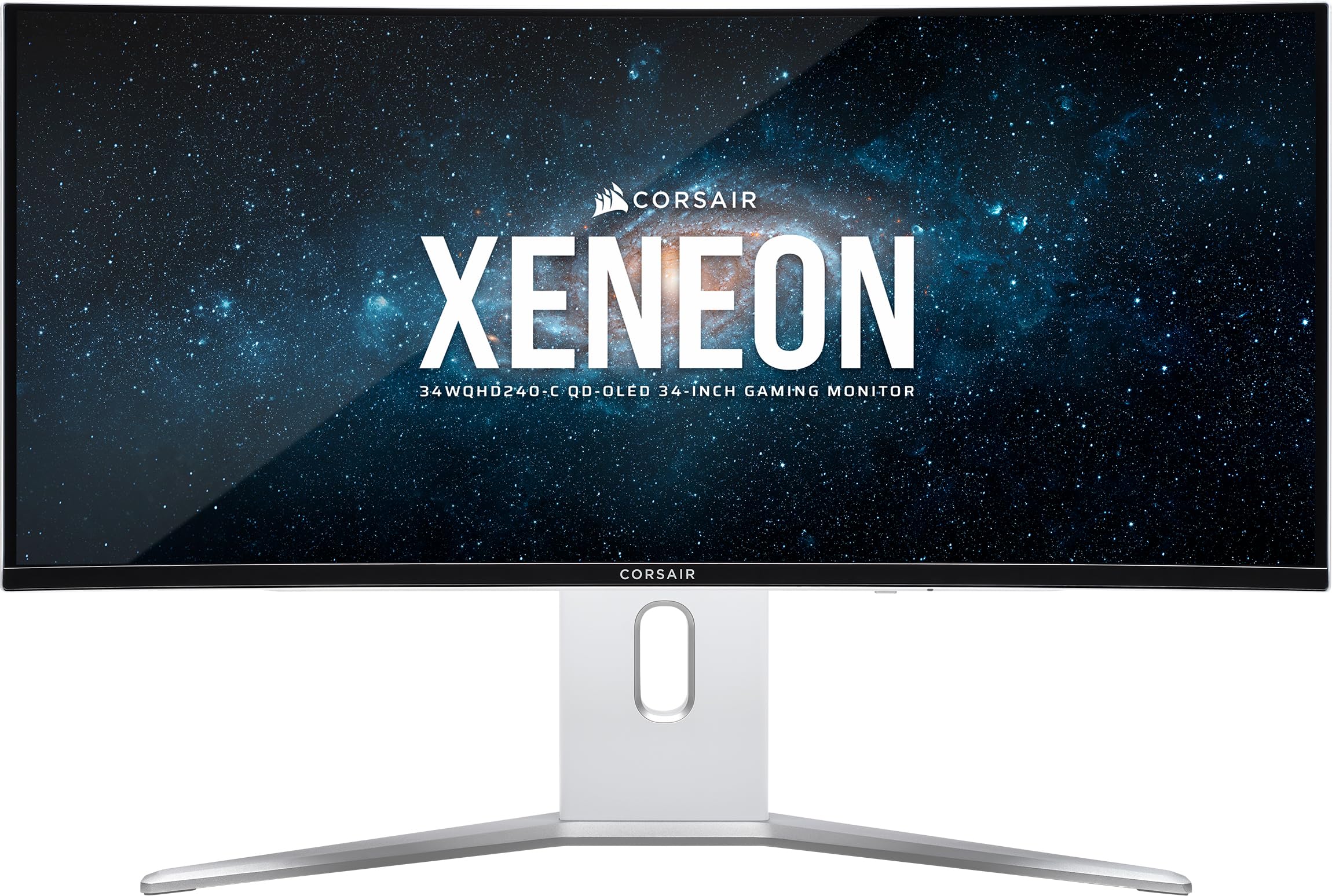مانیتور گیمینگ Corsair XENEON 34WQHD240-C 34 Zoll QD-OLED Gekrümmtes Gaming-Monitor – 3440 x 1440, 240Hz, 0,03ms GtG, G-SYNC-Fähig, FreeSync Premium, True Black HDR400, HDMI 2.1, DisplayPort 1.4, USB-C – Weiß