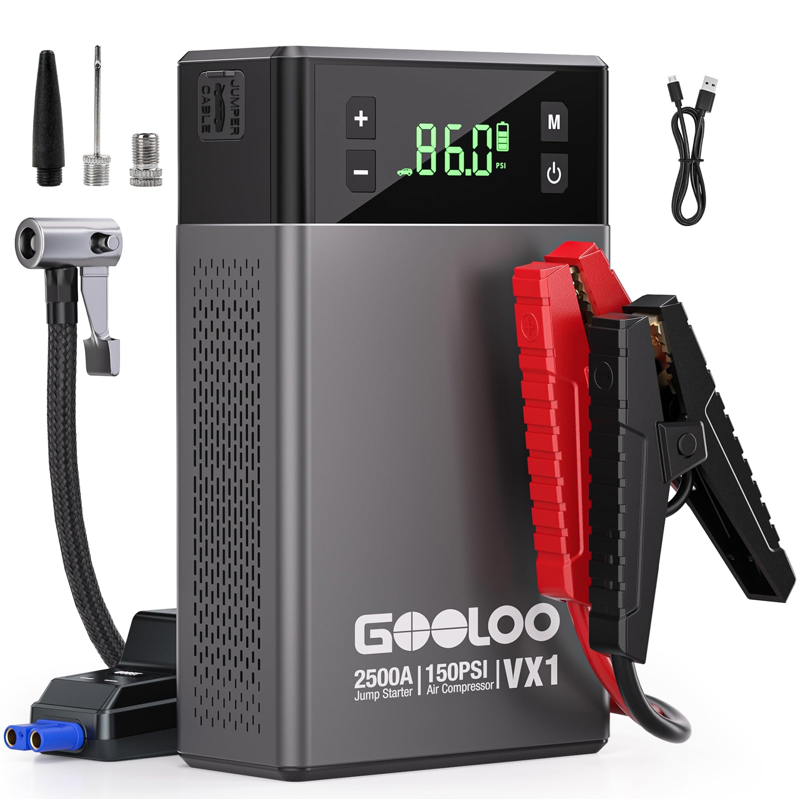 خرید از آمازون - پاوربانک جامپ استارتر GOOLOO VX1 2500A با کمپرسور، جامپ استارتر خودرو 12 ولتی Supersafe با بادگر دیجیتال لاستیک 150 PSI، مناسب برای بنزین 8.5 لیتر و گازوئیل 6.0 لیتر