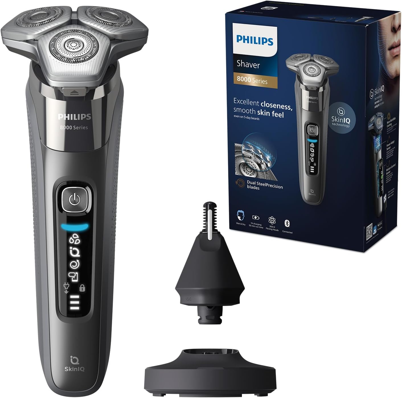 ریش تراش فیلیپس مدل S8697/23 سری 8000 - ریش تراش برقی مرطوب و خشک با فناوری SkinIQ، ماشین اصلاح تاشو، ایستگاه شارژ، کلاهک محافظ، برس تمیز کننده و اصلاح موی بینی شامل ایستگاه شارژ و اصلاح موی بینی